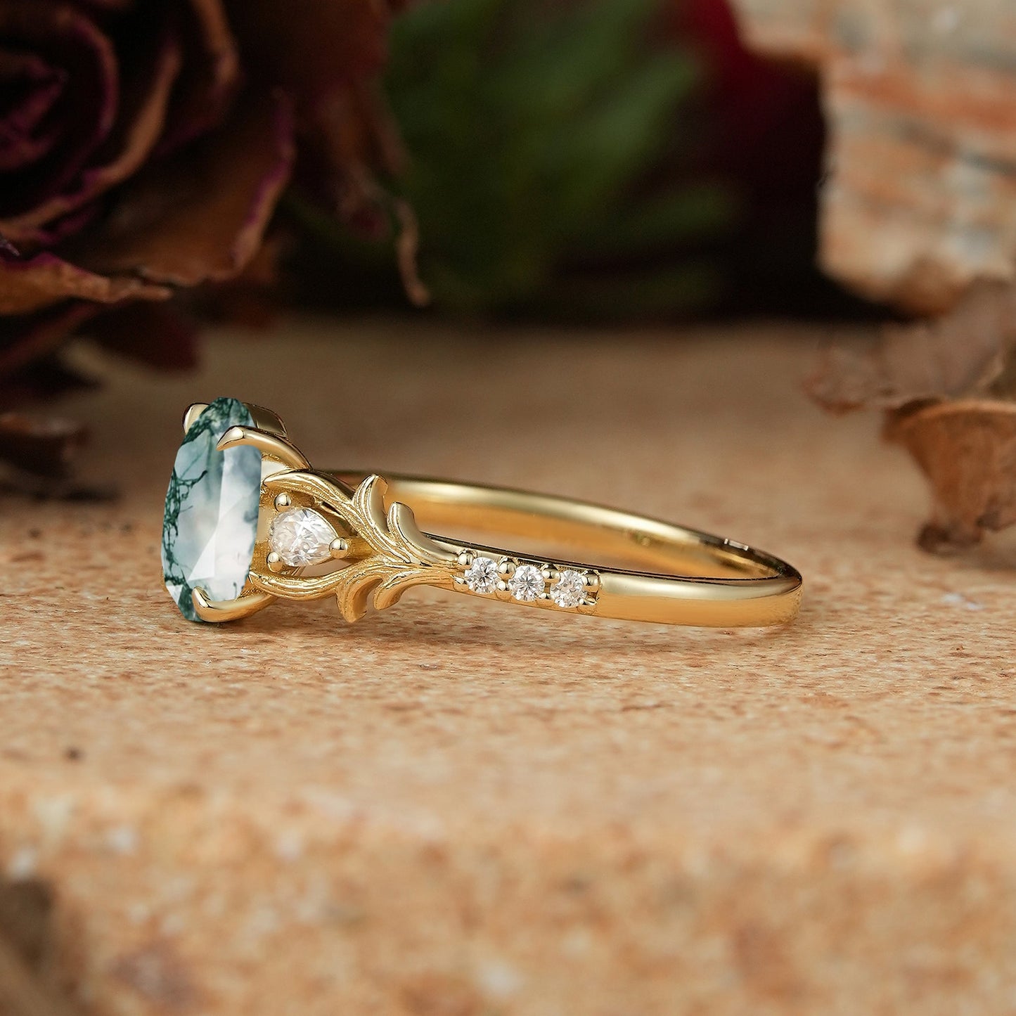 Oval Moss Agate Stag Inspired Bark Textured Engagement Ring Elven Ring - GemsMagic