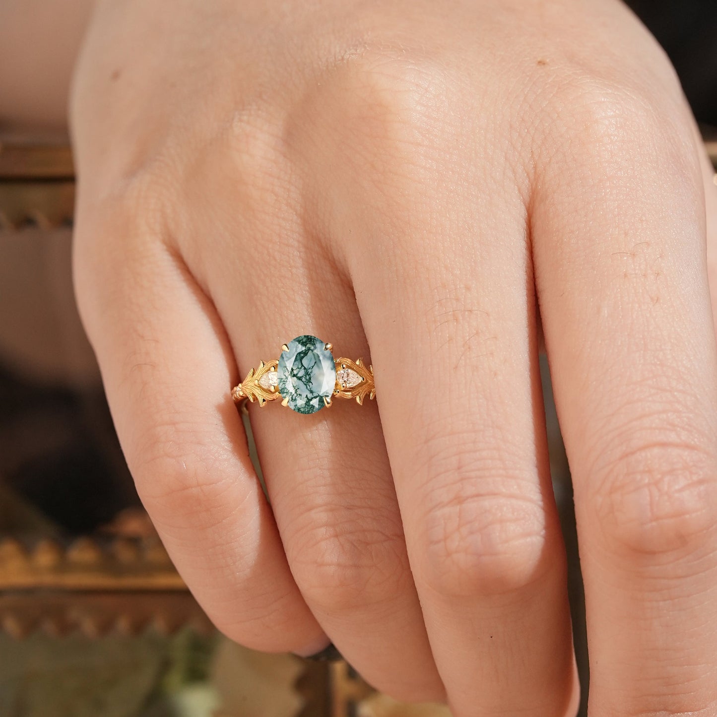 Oval Moss Agate Stag Inspired Bark Textured Engagement Ring Elven Ring - GemsMagic