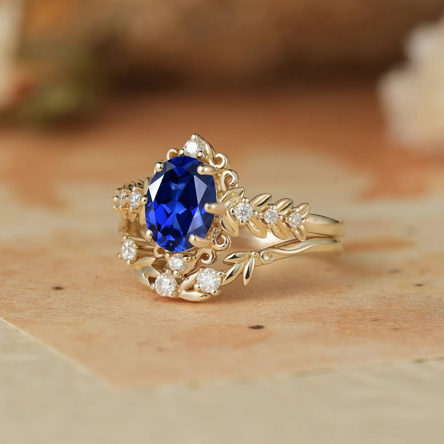 Oval Sapphire Leaf Ring Set - Calista - GemsMagic - GemsMagic