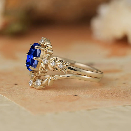 Oval Sapphire Leaf Ring Set - Calista - GemsMagic - GemsMagic
