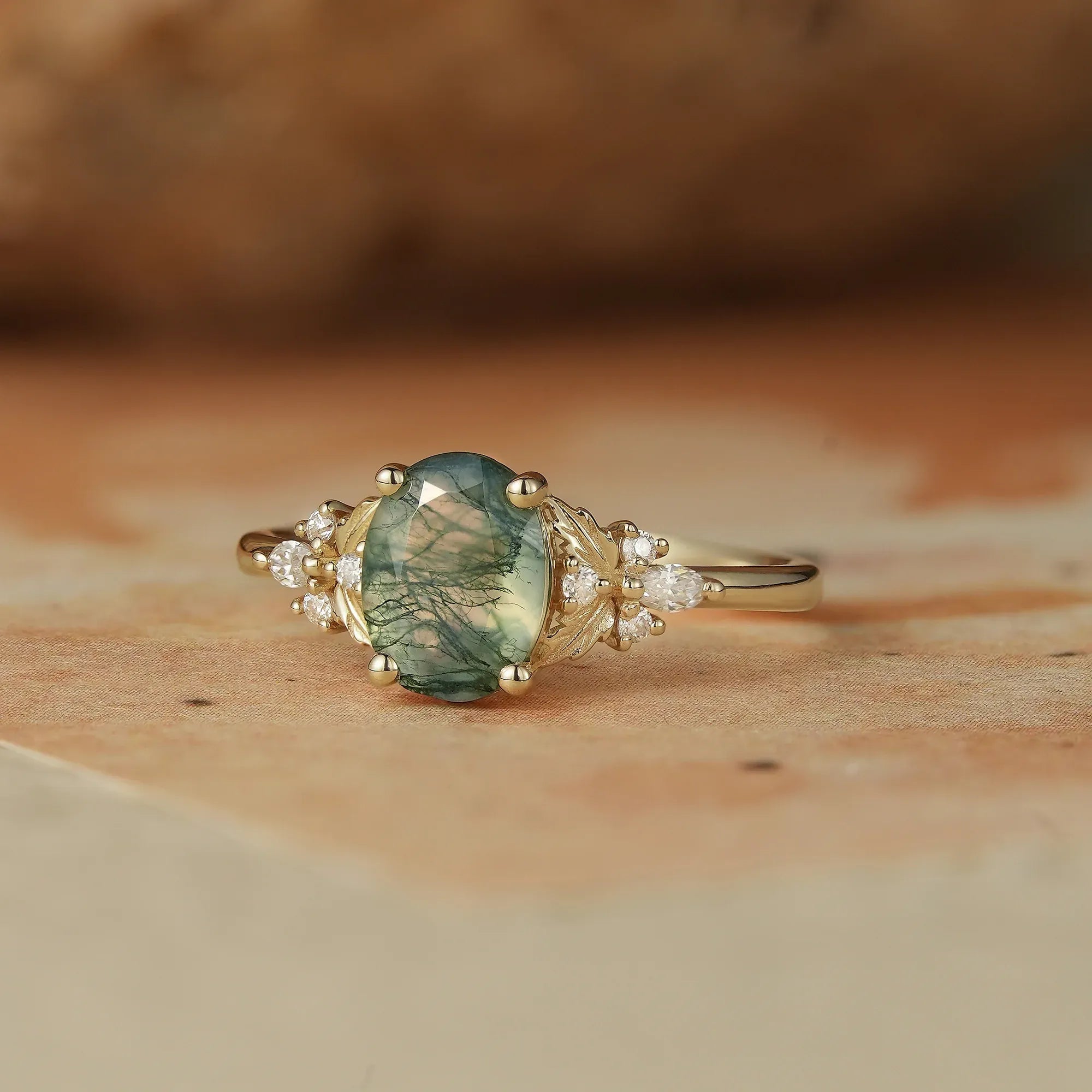 Oval Shaped Moss Agate Engagement Ring - Faye - GemsMagic