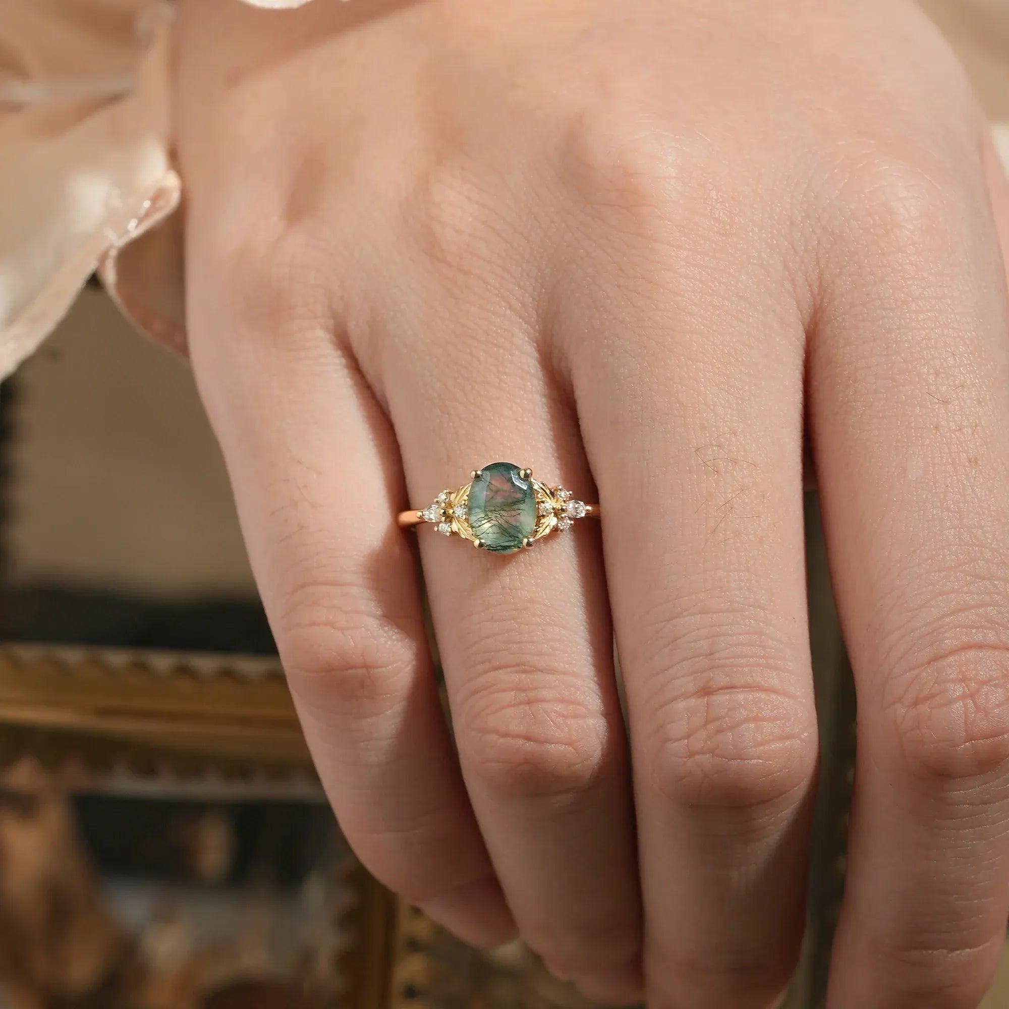 Oval Shaped Moss Agate Engagement Ring - Faye - GemsMagic