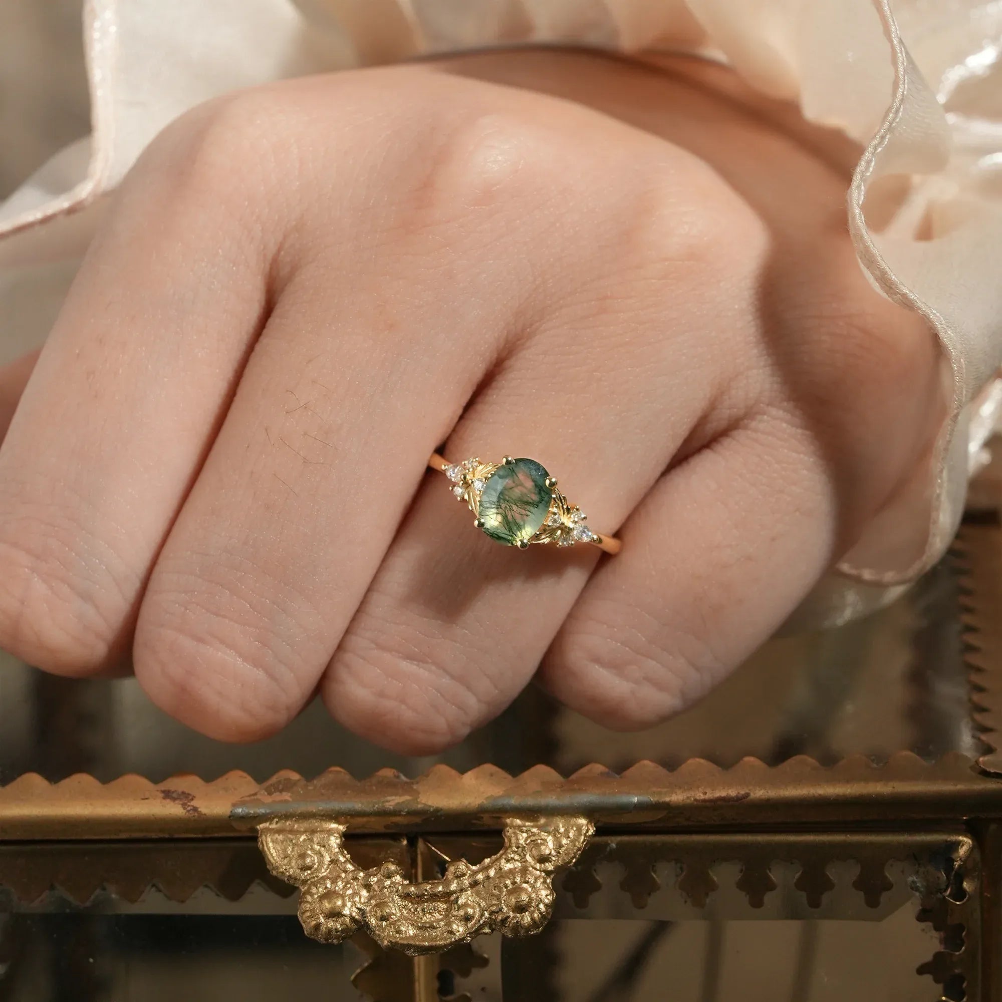 Oval Shaped Moss Agate Engagement Ring - Faye - GemsMagic