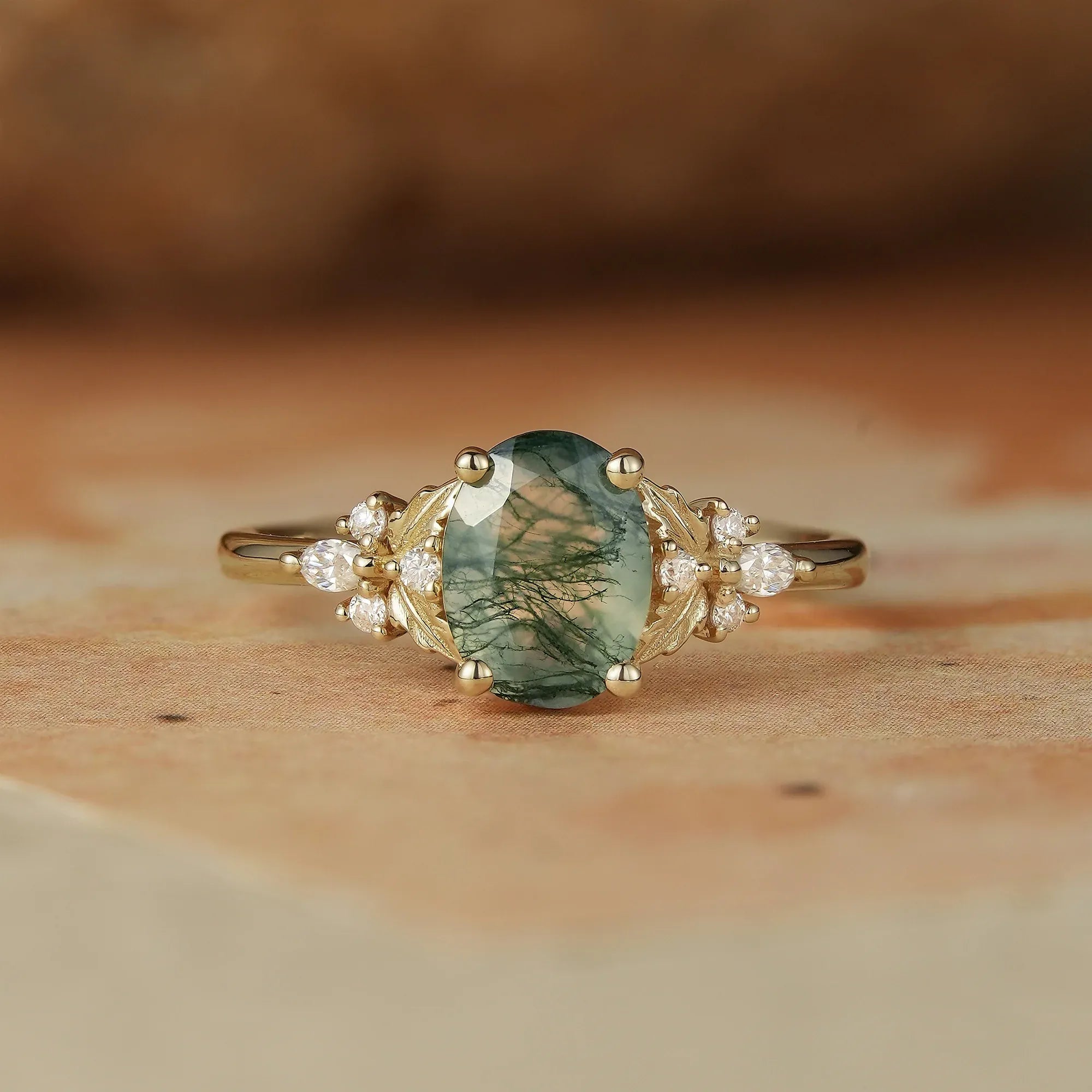 Oval Shaped Moss Agate Engagement Ring - Faye - GemsMagic