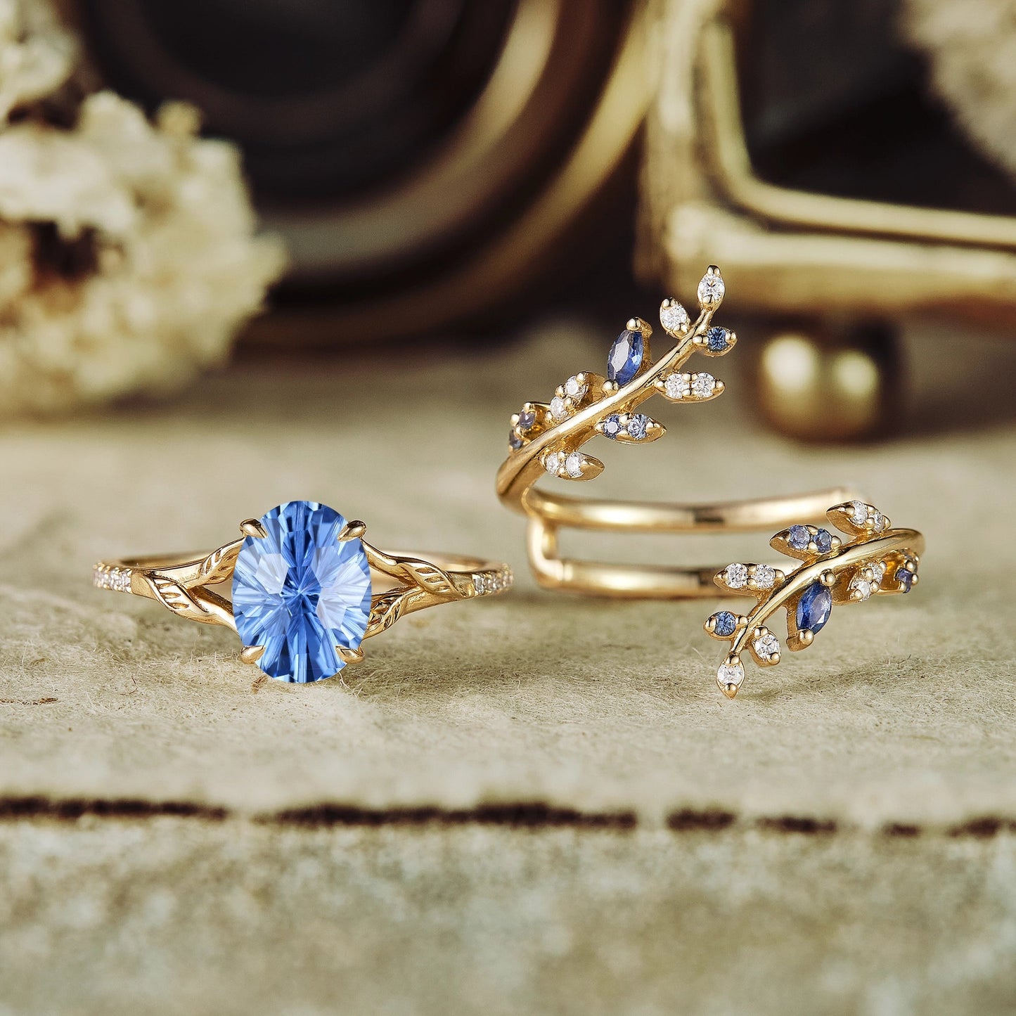 Oval Sparkle Cut Cornflower Sapphire Leaf Engagement Ring Set 2pcs - Aphrodite - GemsMagic