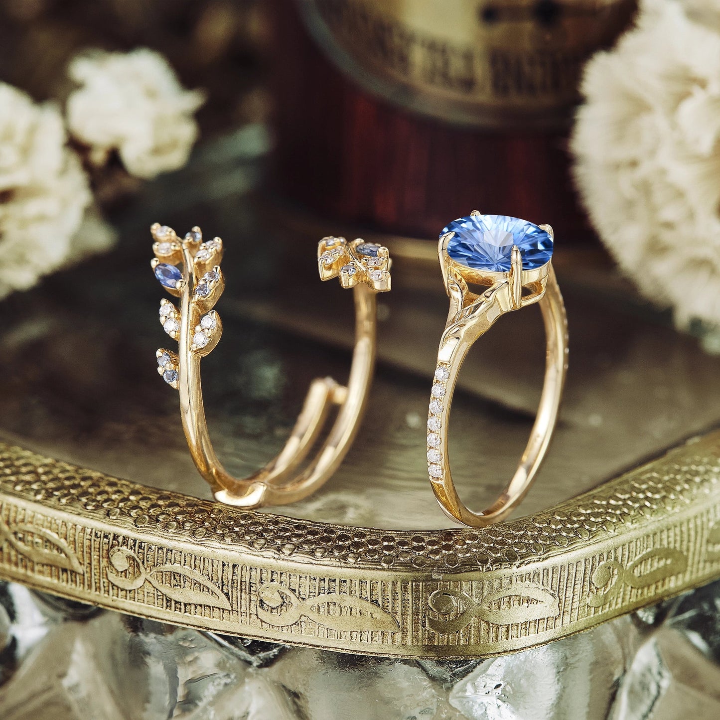 Oval Sparkle Cut Cornflower Sapphire Leaf Engagement Ring Set 2pcs - Aphrodite - GemsMagic