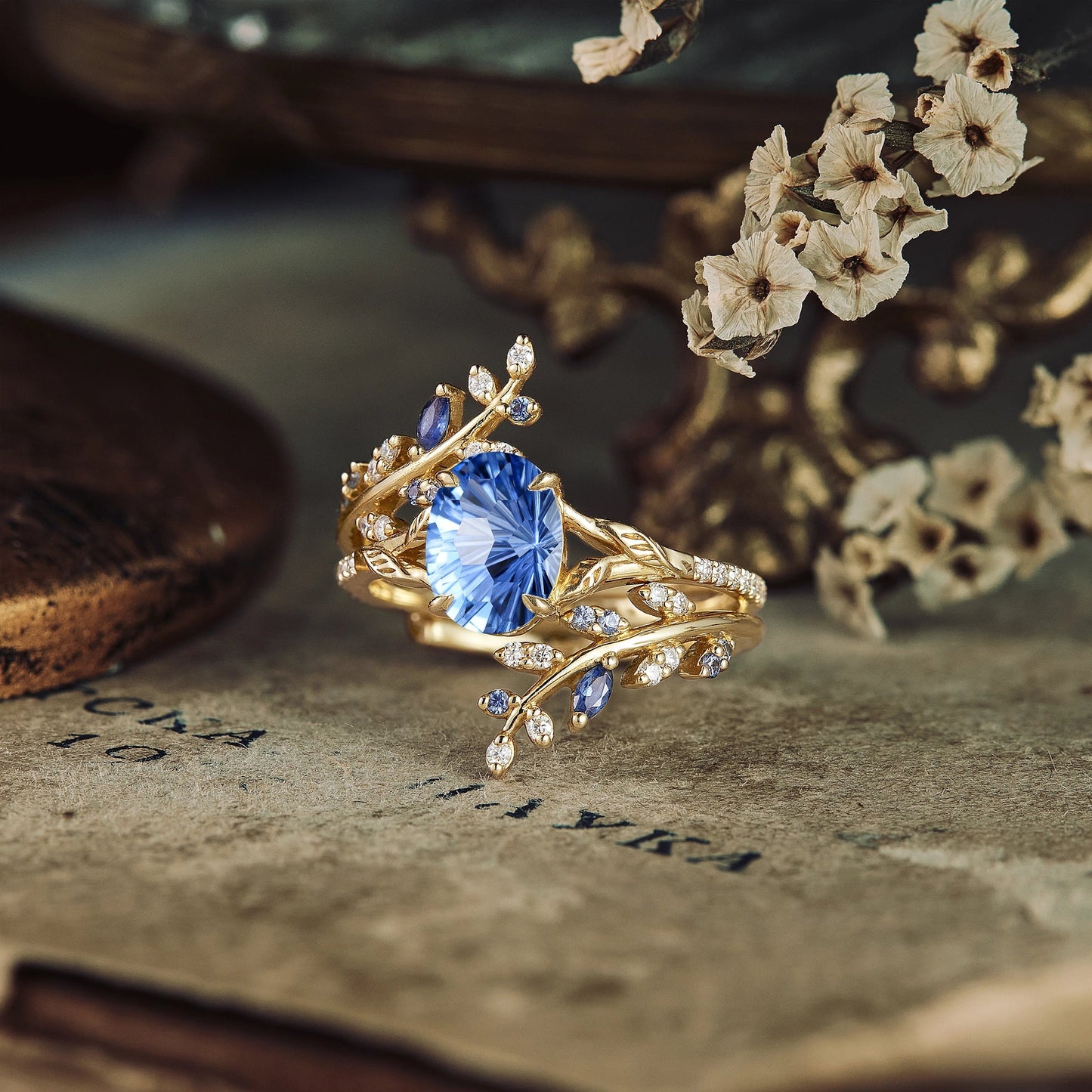 Oval Sparkle Cut Cornflower Sapphire Leaf Engagement Ring Set 2pcs - Aphrodite - GemsMagic