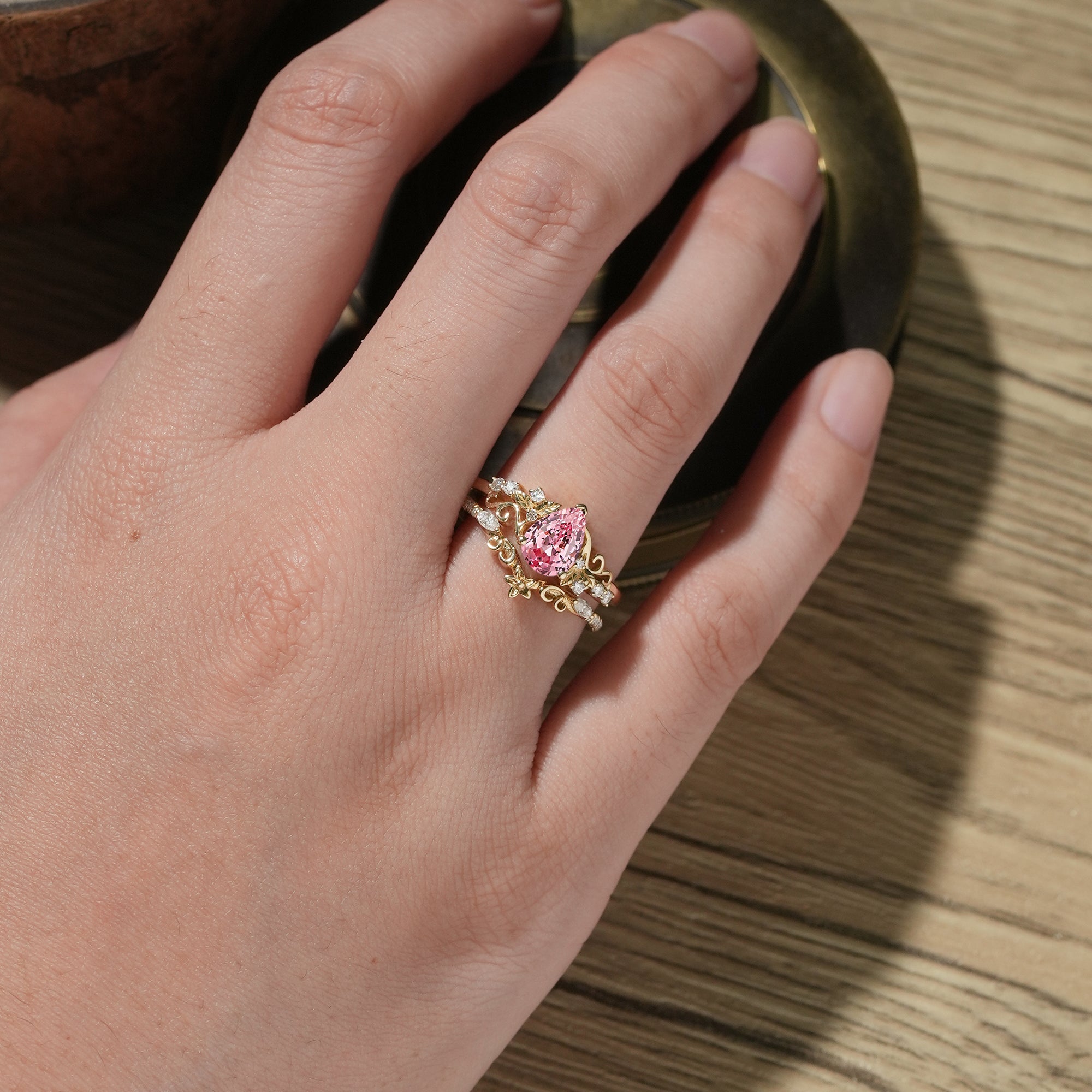 Padparadscha Sapphire Engagement Ring Set - Hollis - GemsMagic