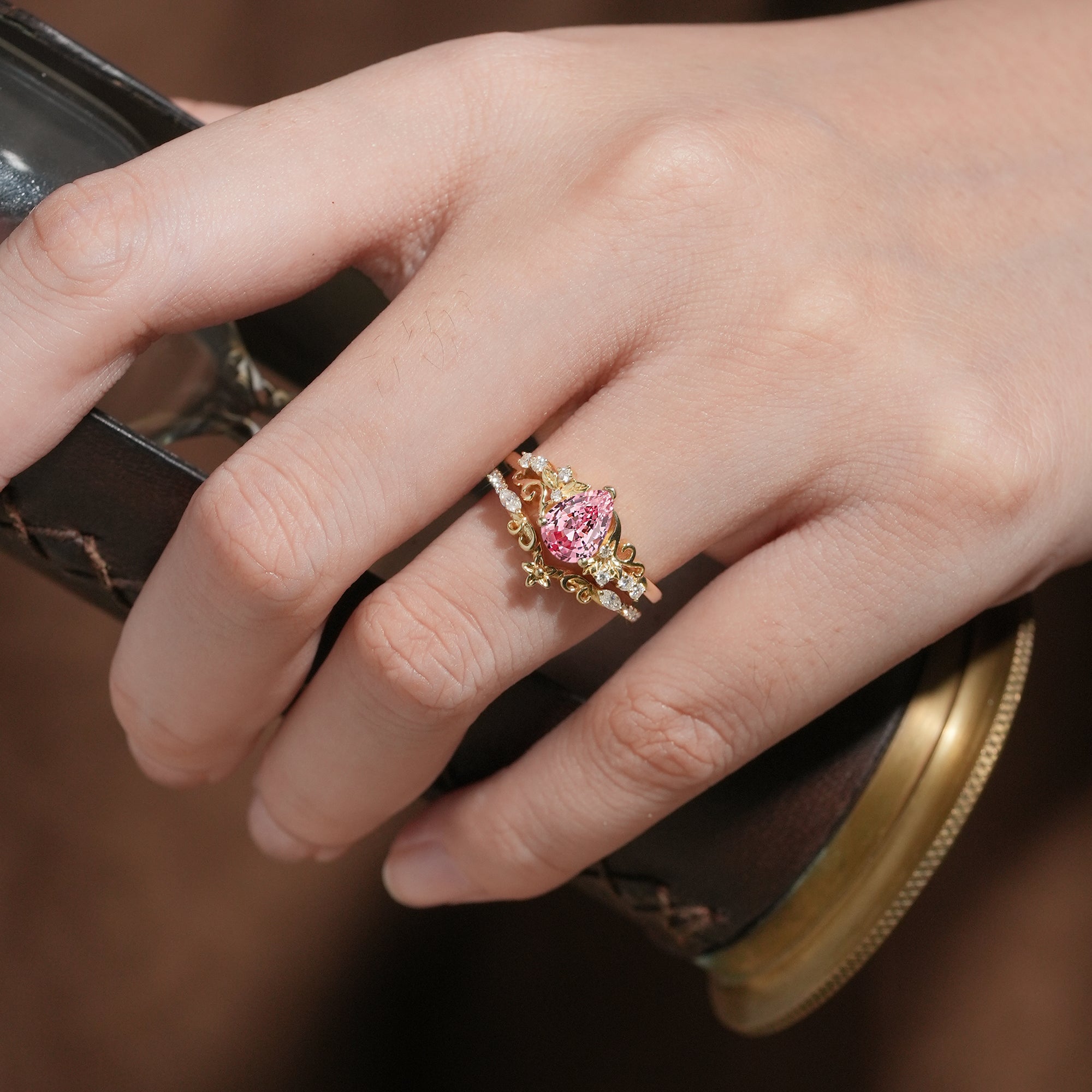 Padparadscha Sapphire Engagement Ring Set - Hollis - GemsMagic