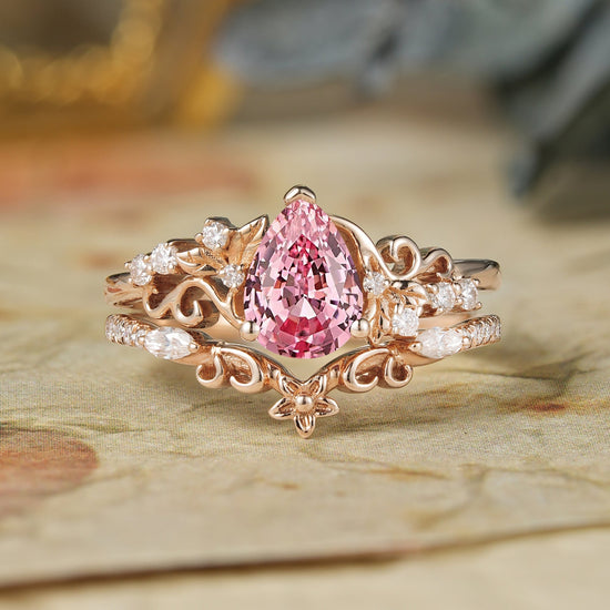 Padparadscha Sapphire Engagement Ring Set - Hollis - GemsMagic
