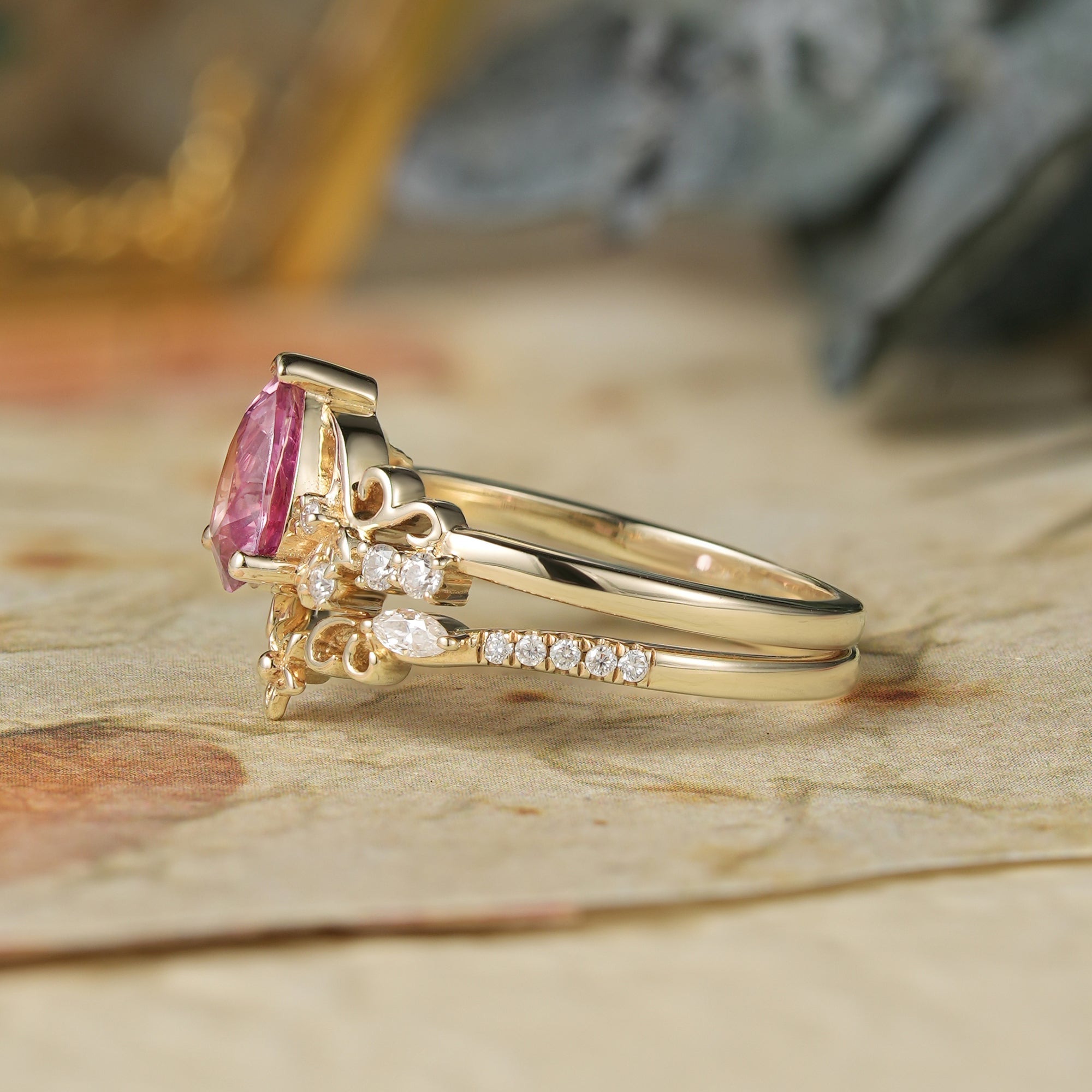 Padparadscha Sapphire Engagement Ring Set - Hollis - GemsMagic