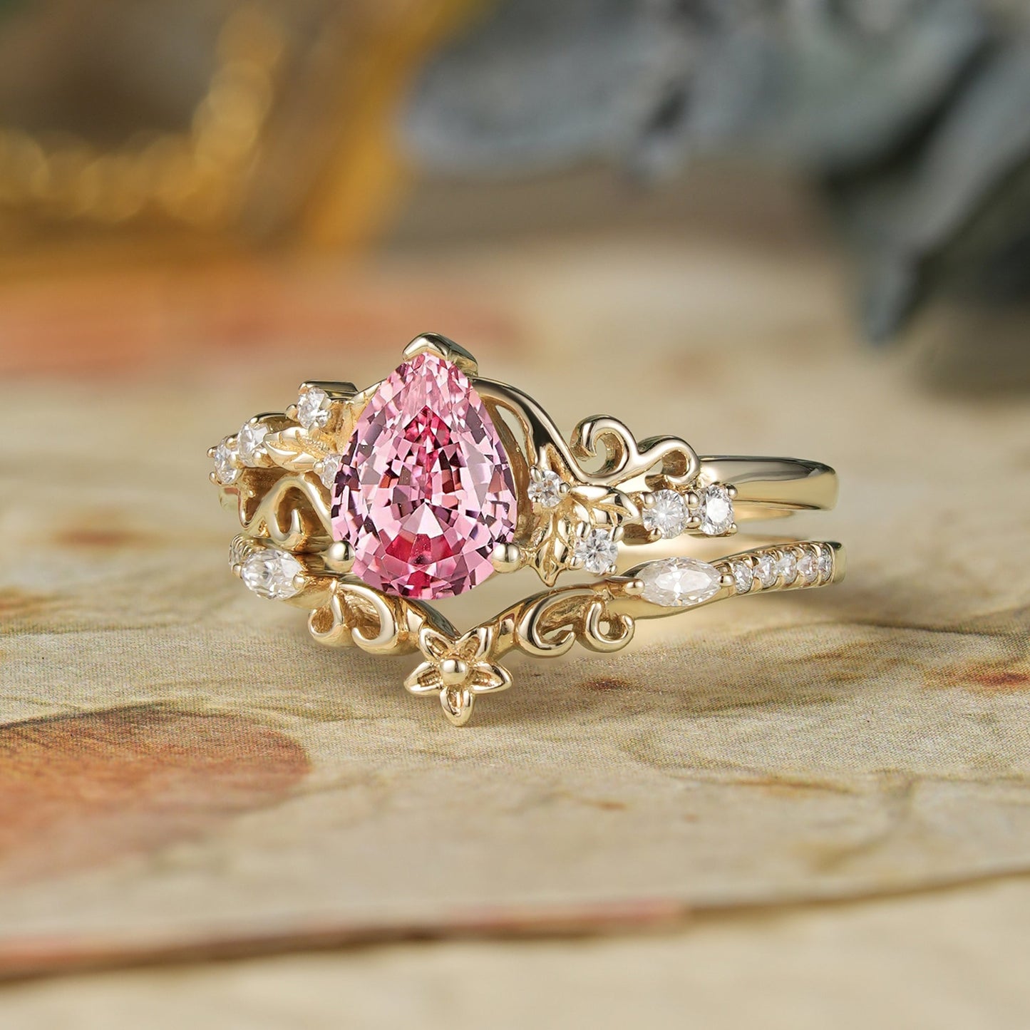 Padparadscha Sapphire Engagement Ring Set - Hollis - GemsMagic