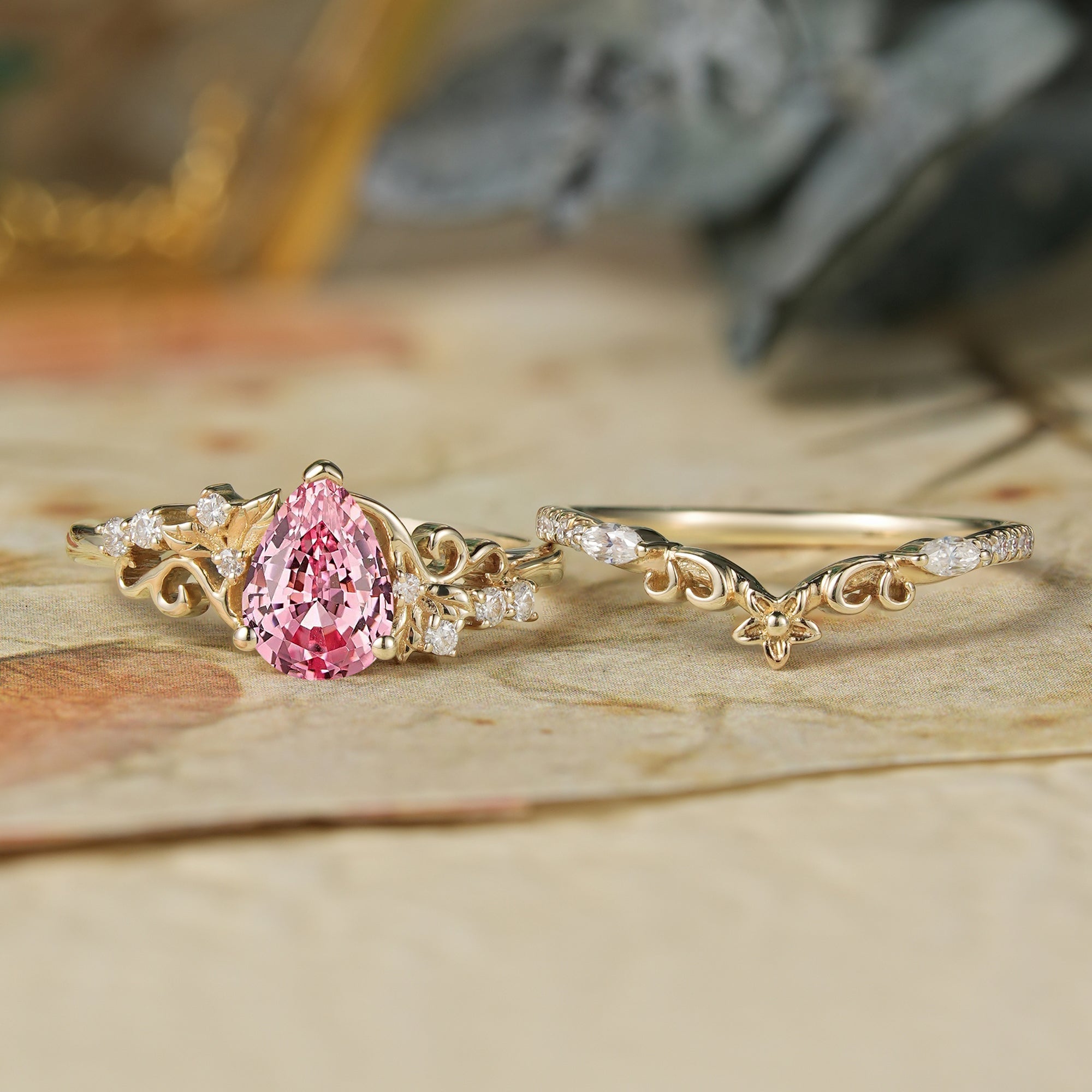 Padparadscha Sapphire Engagement Ring Set - Hollis - GemsMagic