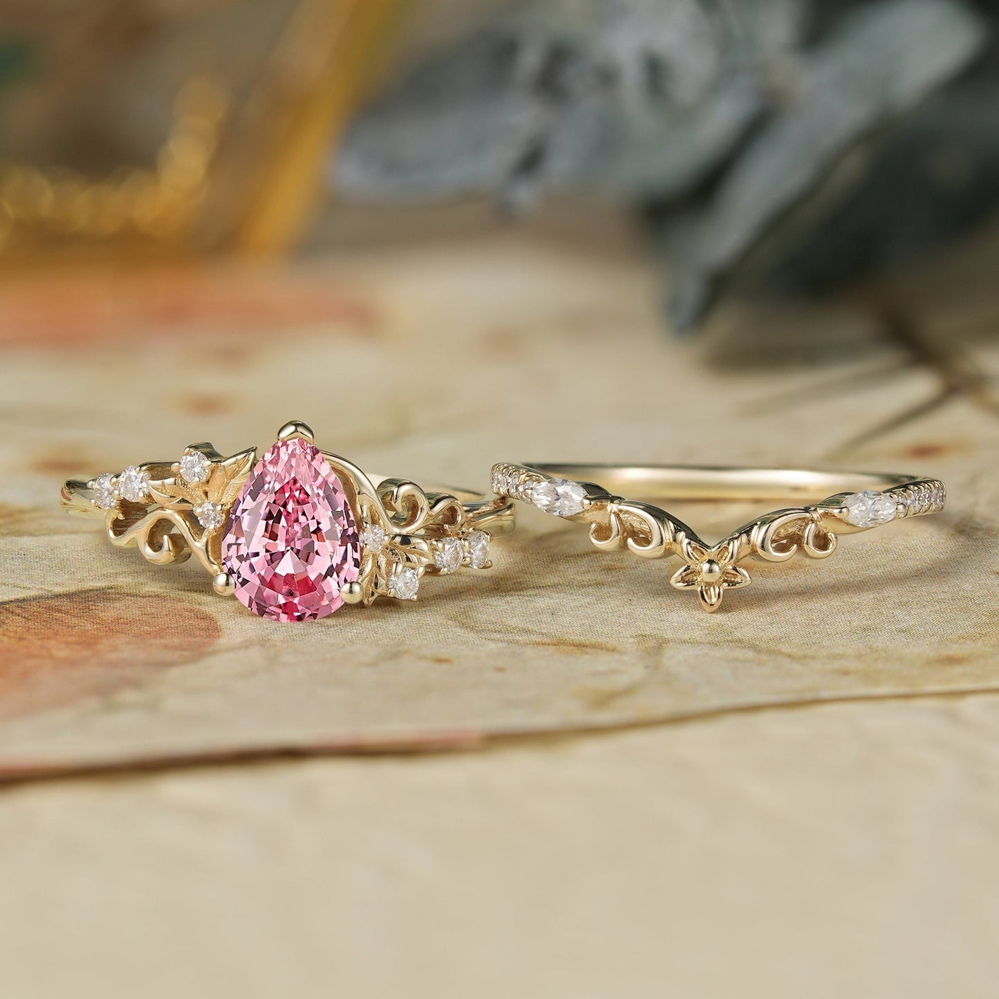 Padparadscha Sapphire Engagement Ring Set - Hollis - GemsMagic