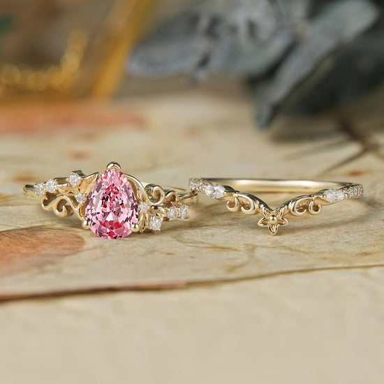 Padparadscha Sapphire Engagement Ring Set - Hollis - GemsMagic