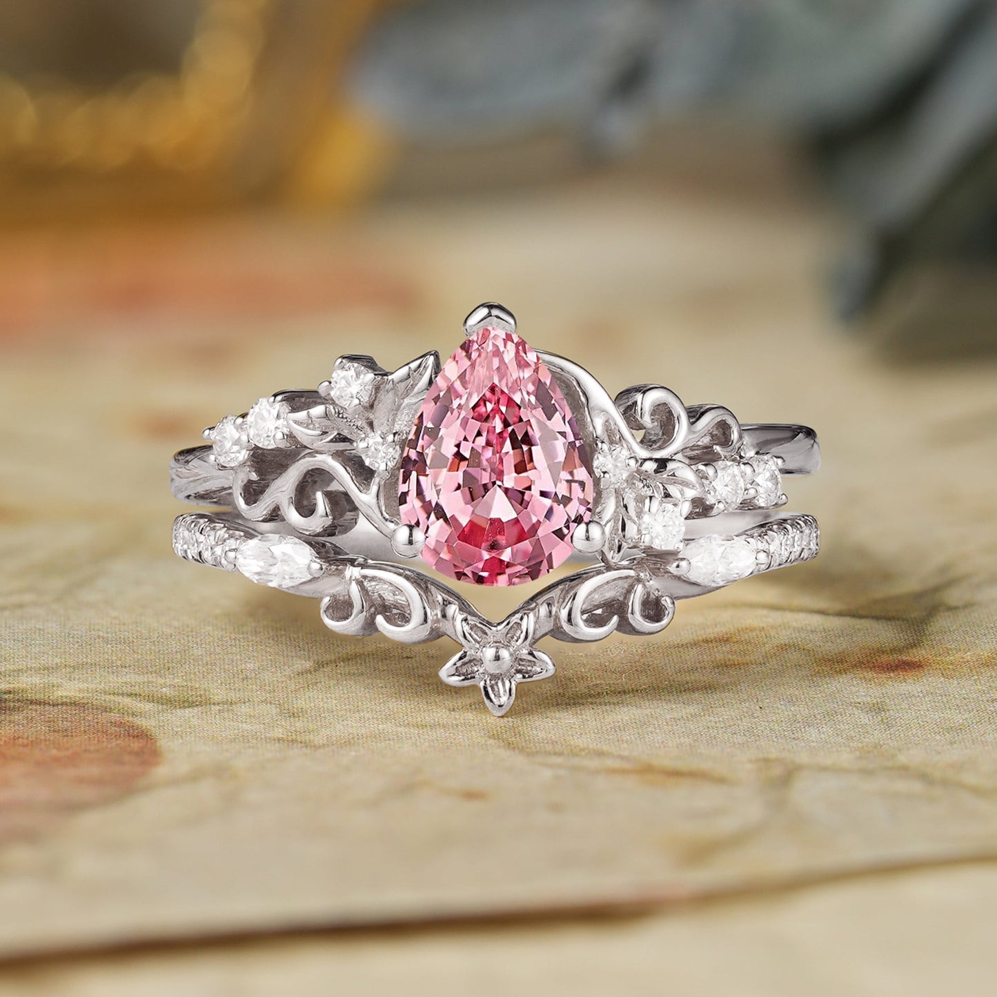 Padparadscha Sapphire Engagement Ring Set - Hollis - GemsMagic