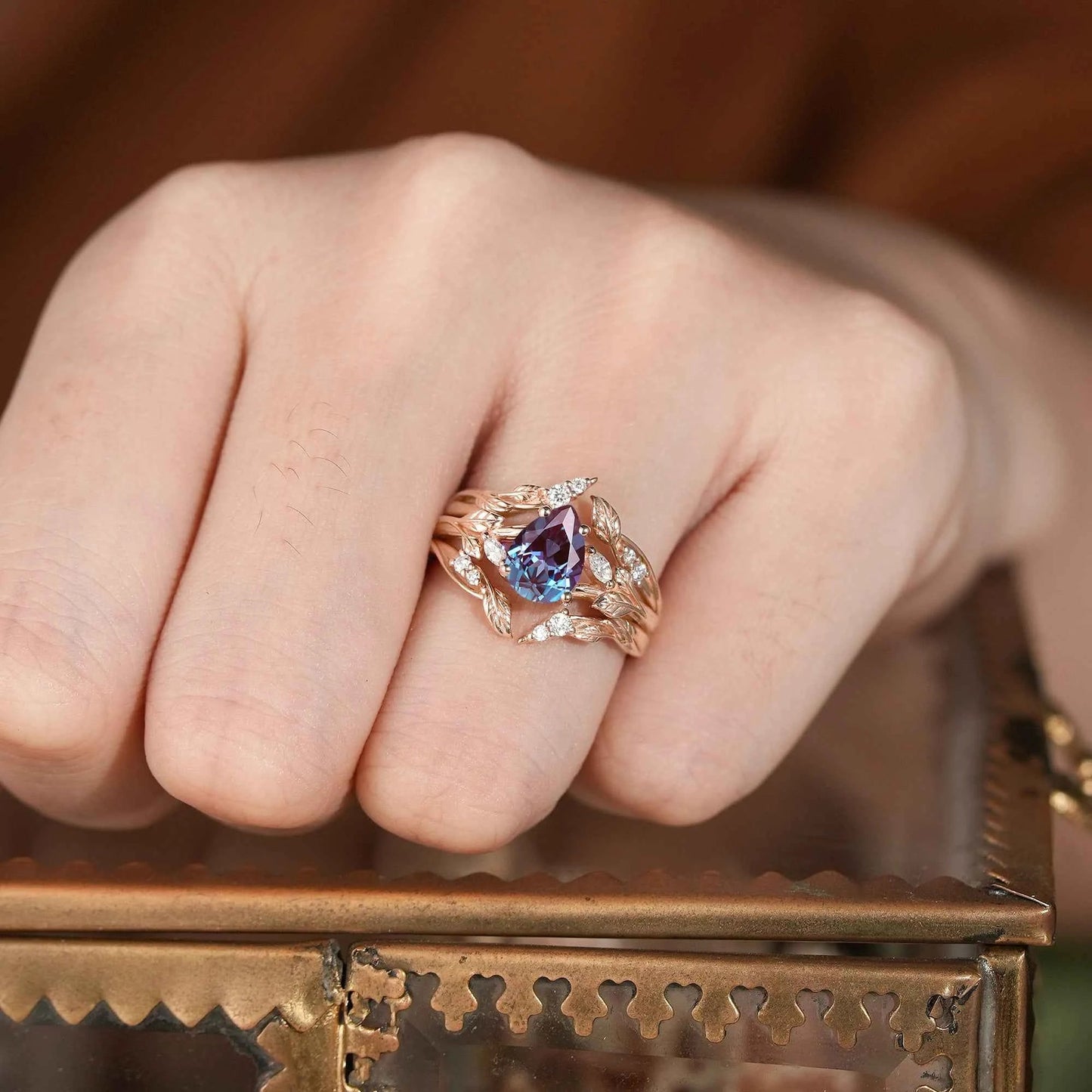 Pear Alexandrite Enhacner Leaf Ring Set 2pcs - Emma - GemsMagic