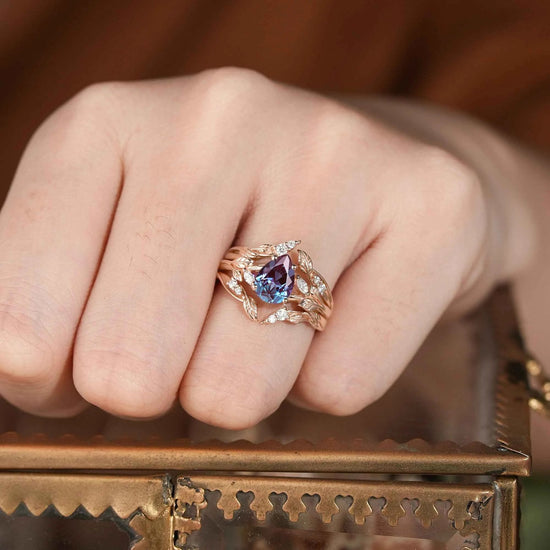 Pear Alexandrite Enhacner Leaf Ring Set 2pcs - Emma - GemsMagic