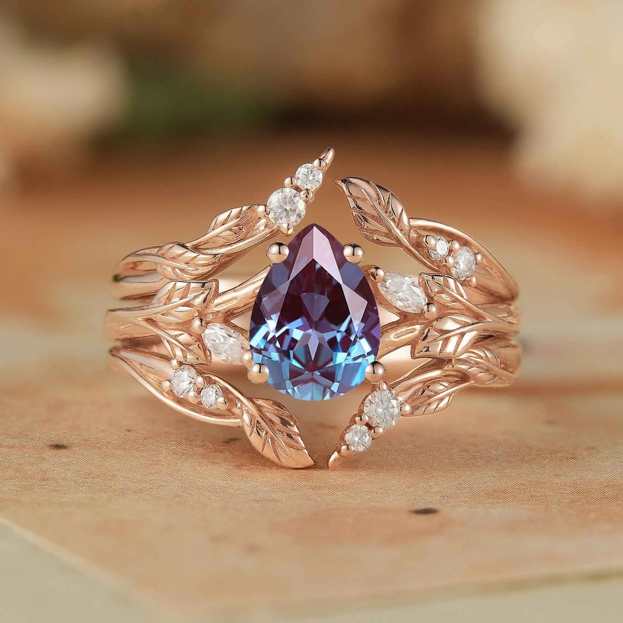 Pear Alexandrite Enhacner Leaf Ring Set 2pcs - Emma - GemsMagic