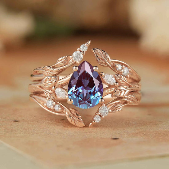 Pear Alexandrite Enhacner Leaf Ring Set 2pcs - Emma - GemsMagic