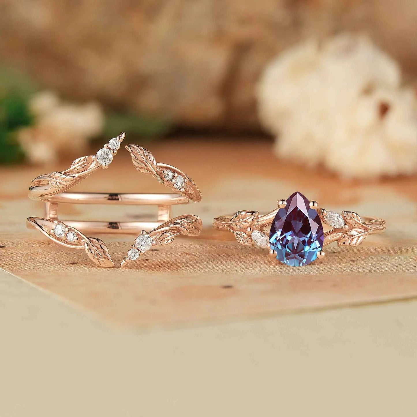 Pear Alexandrite Enhacner Leaf Ring Set 2pcs - Emma - GemsMagic