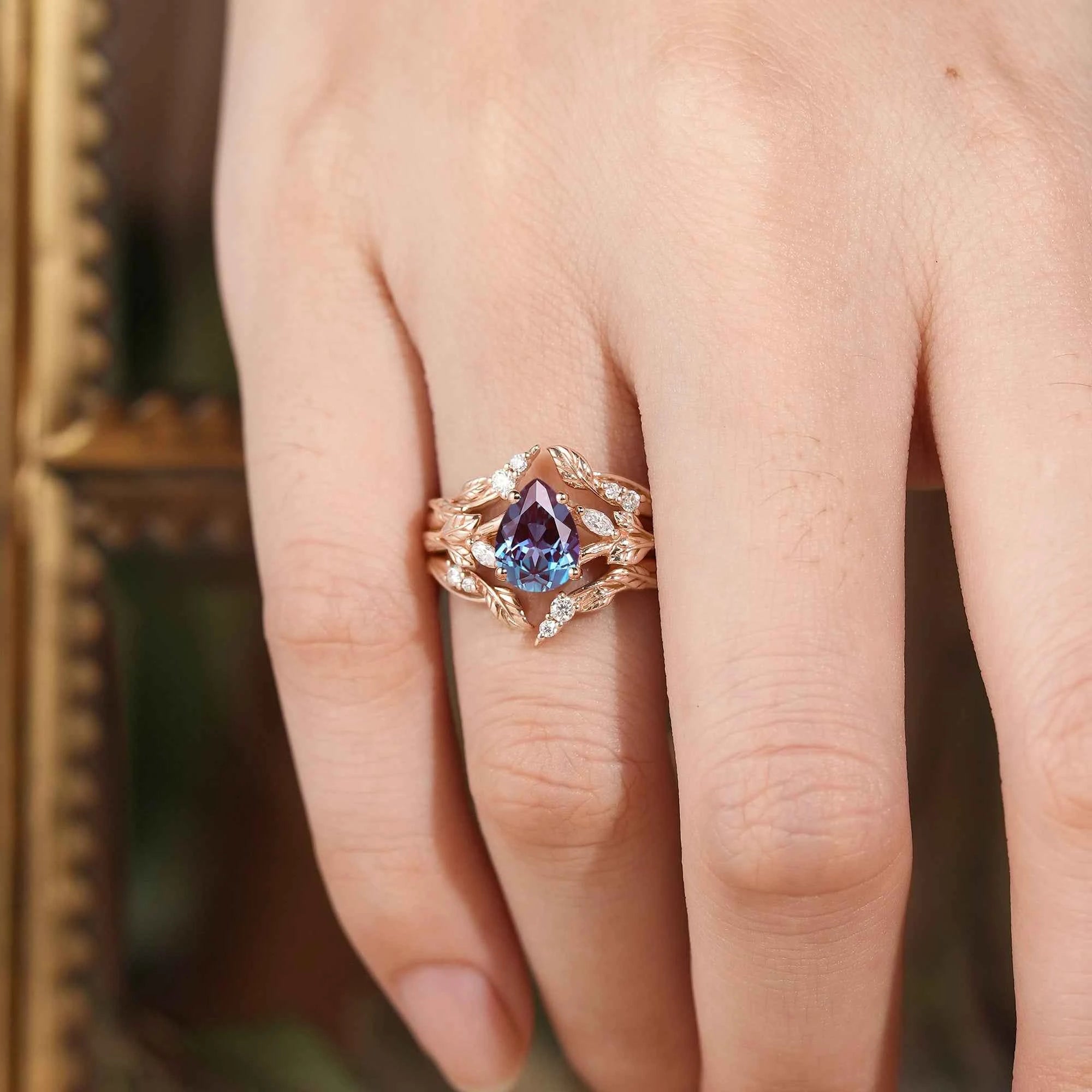 Pear Alexandrite Enhacner Leaf Ring Set 2pcs - Emma - GemsMagic