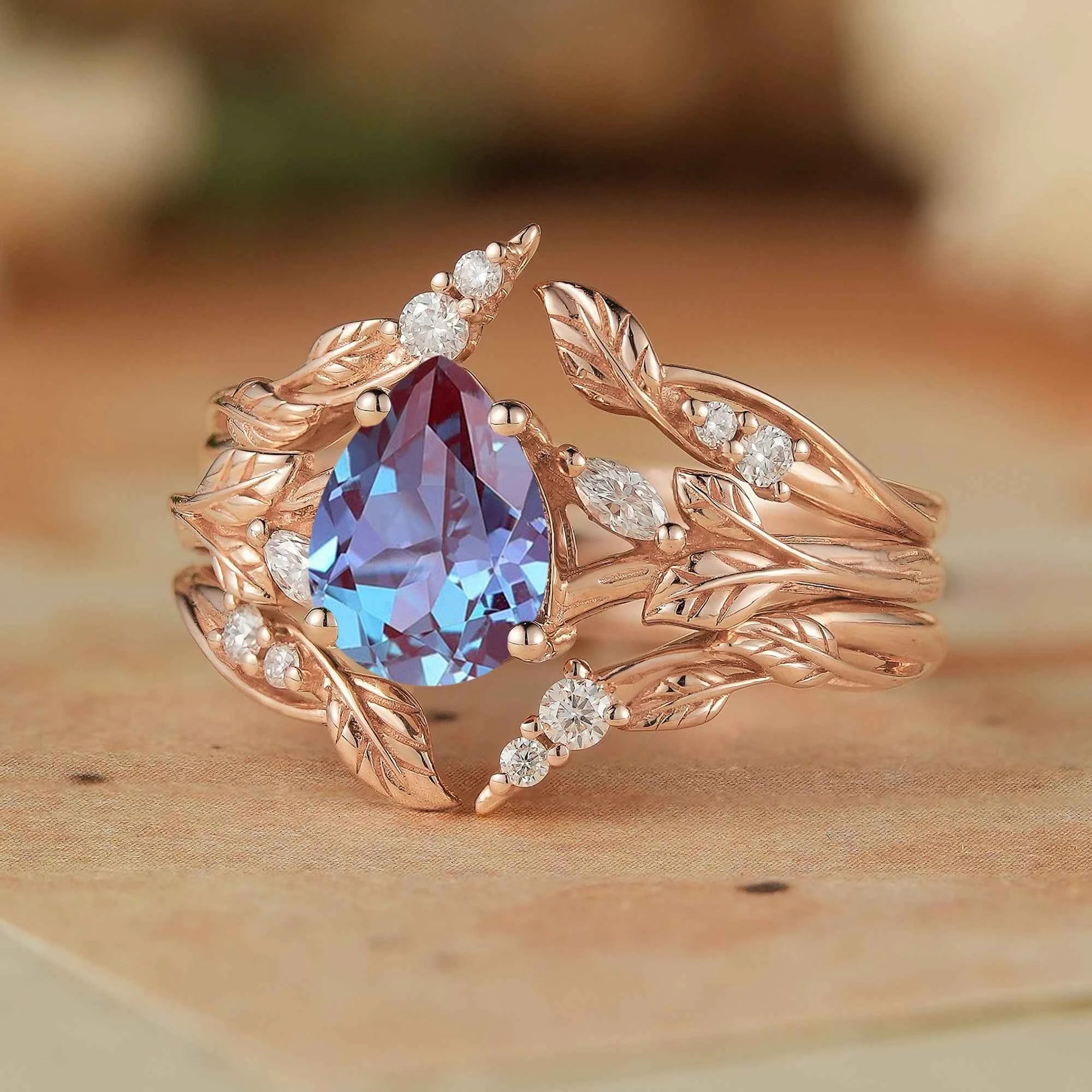 Pear Alexandrite Enhacner Leaf Ring Set 2pcs - Emma - GemsMagic