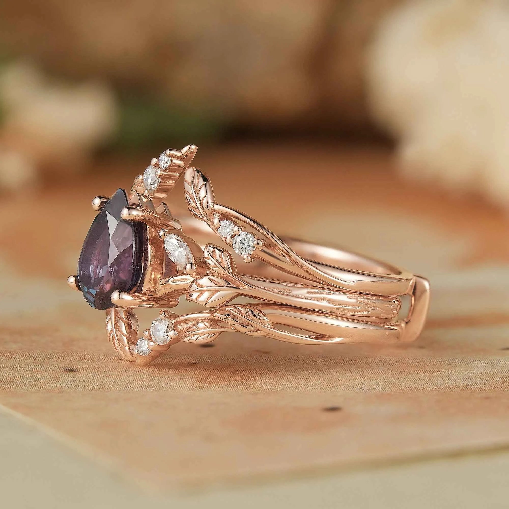 Pear Alexandrite Enhacner Leaf Ring Set 2pcs - Emma - GemsMagic