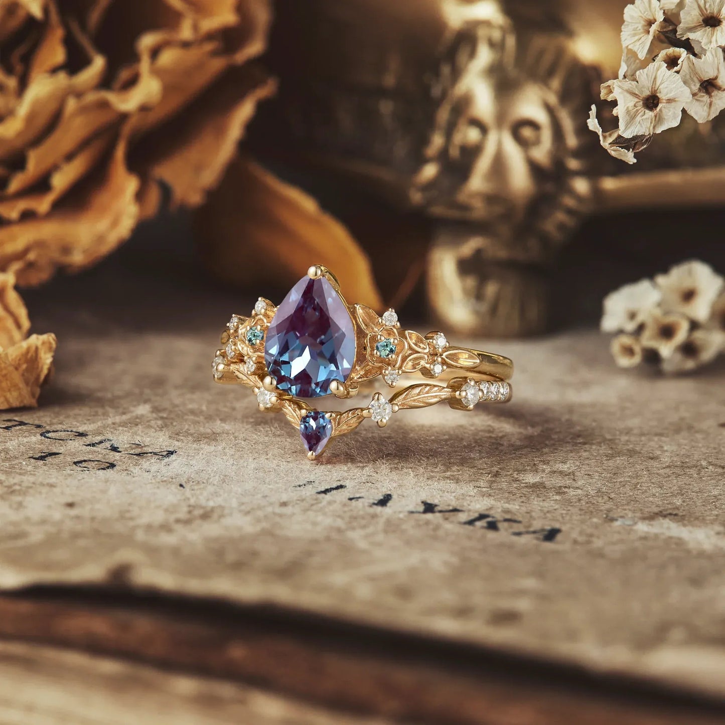 Pear Alexandrite Flower Ring Set - Becky - GemsMagic