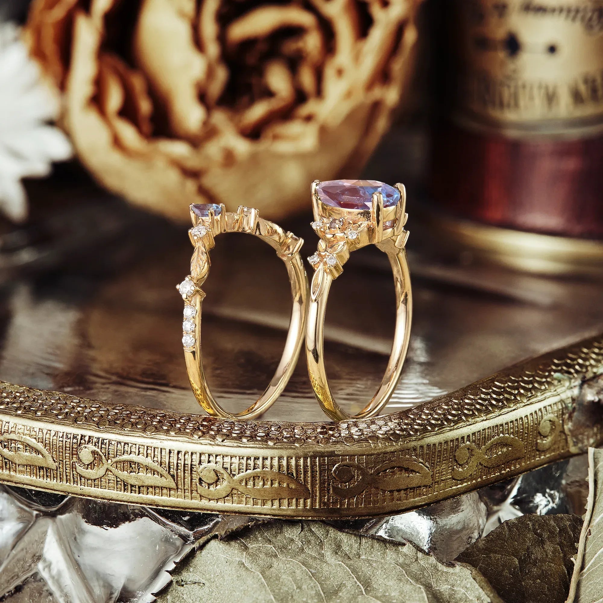 Pear Alexandrite Flower Ring Set - Becky - GemsMagic