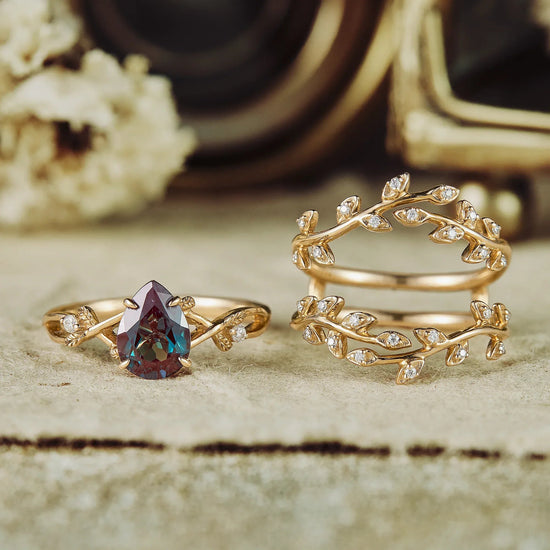 Pear Alexandrite One - stone - leaf Enhancer Ring Set 2pcs - GemsMagic - GemsMagic