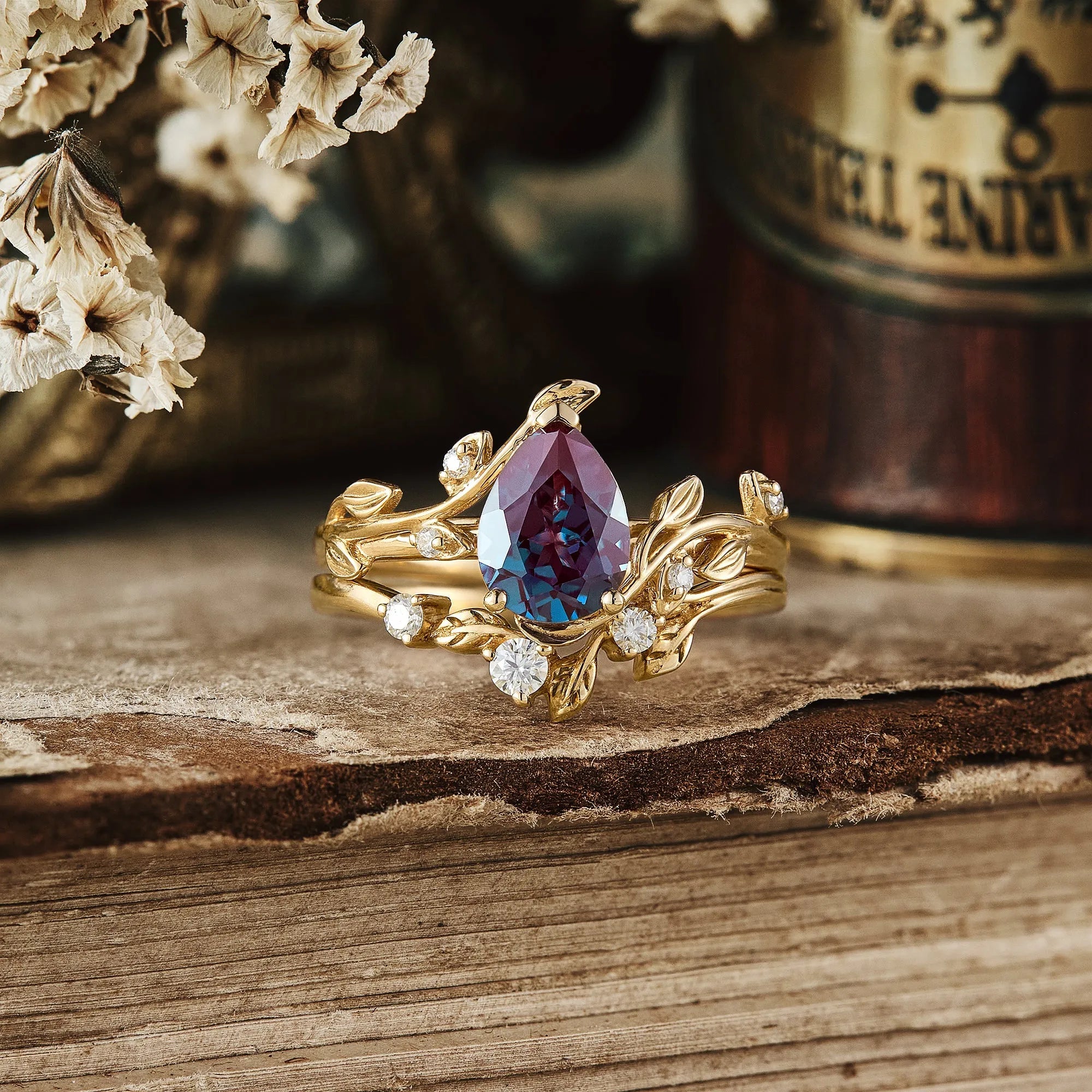 Pear Cut Alexandrite Engagement Ring Set - Olivia2.0 - GemsMagic - GemsMagic
