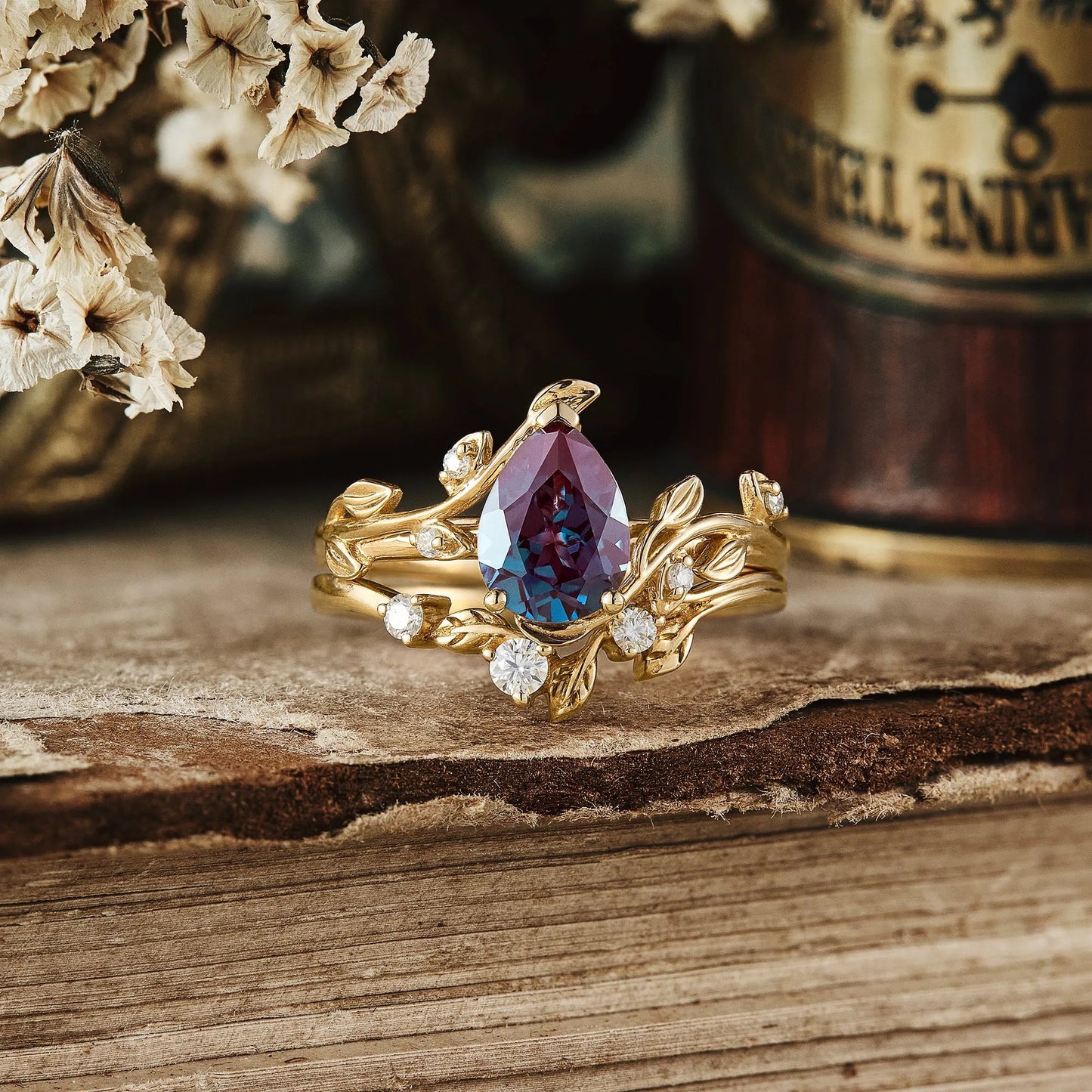 Pear Cut Alexandrite Engagement Ring Set - Olivia2.0 - GemsMagic - GemsMagic