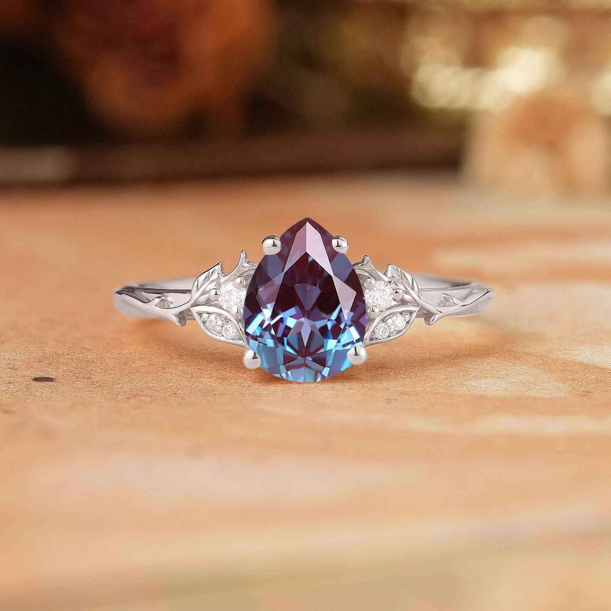 Pear Cut Alexandrite Leaf Inspired Engagement Ring - Joyce - GemsMagic