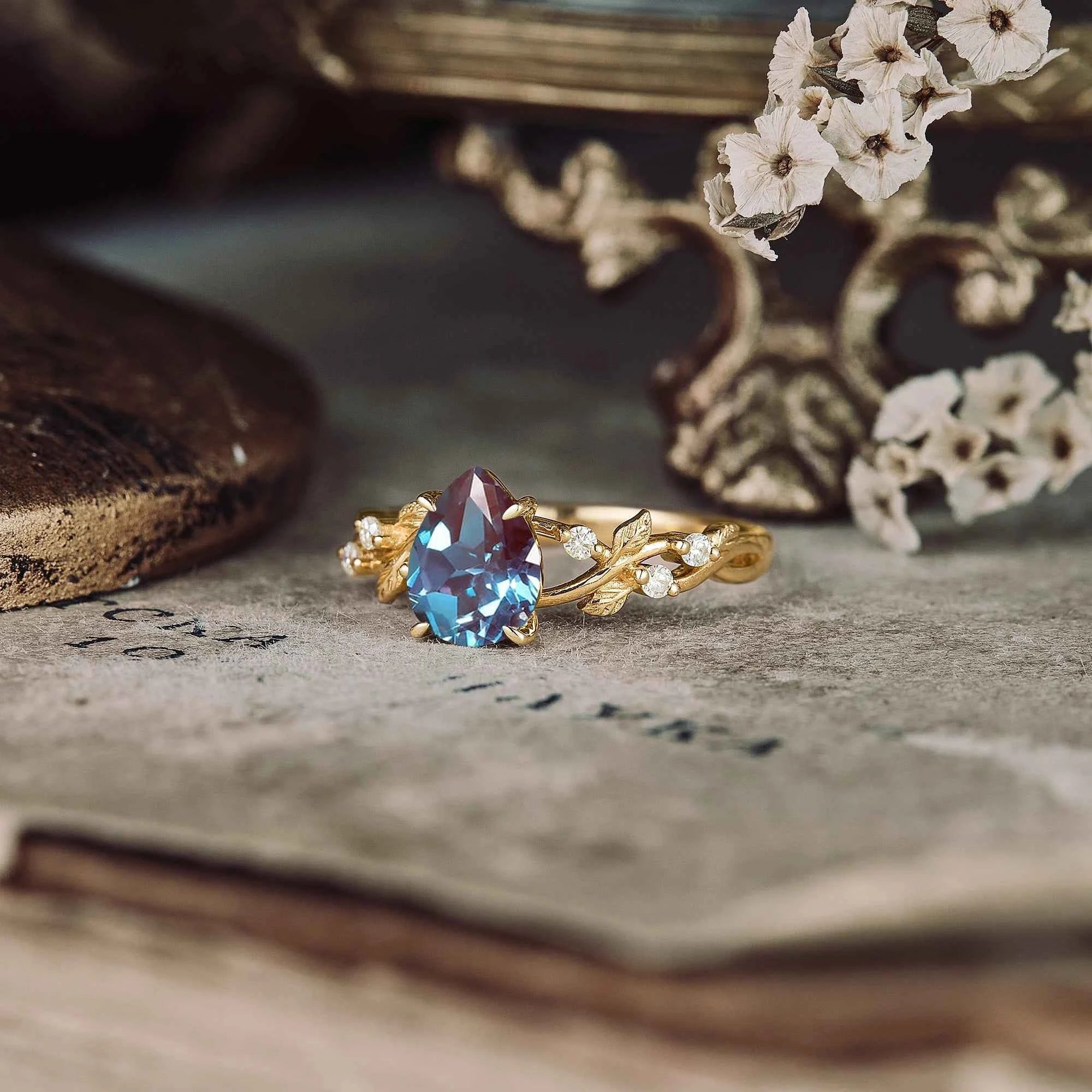 Pear Cut Alexandrite Nature Inspired Engagement Ring - GemsMagic