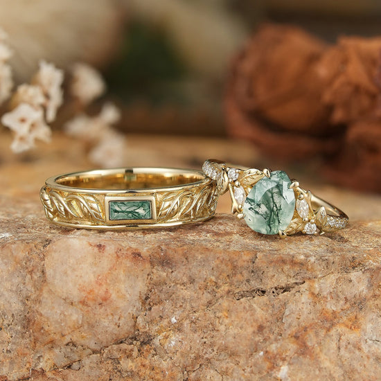 Pear Cut And Bezel Baguette Moss Agate Leaf Inspired Couple Rings - GemsMagic