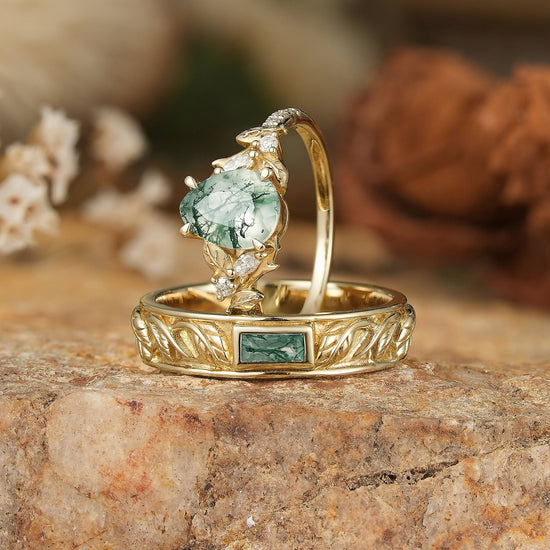 Pear Cut And Bezel Baguette Moss Agate Leaf Inspired Couple Rings - GemsMagic
