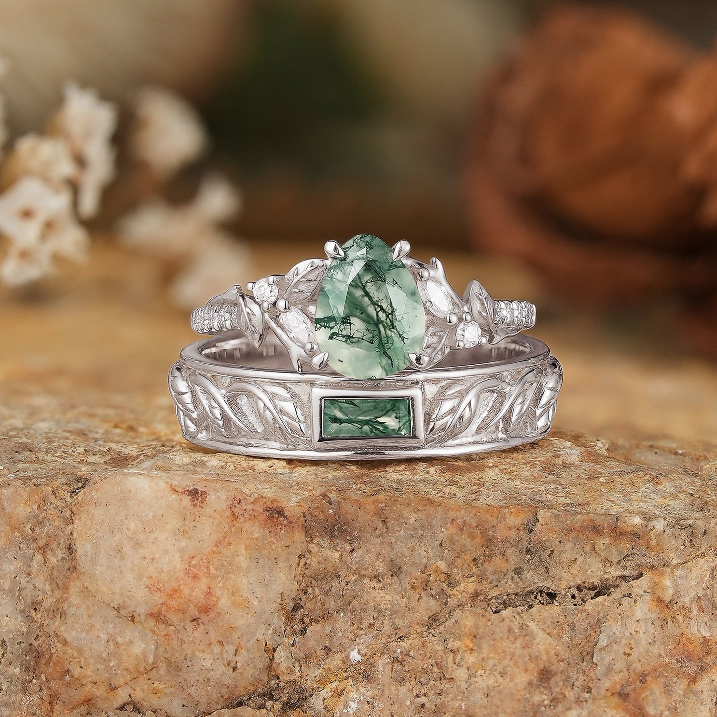 Pear Cut And Bezel Baguette Moss Agate Leaf Inspired Couple Rings - GemsMagic