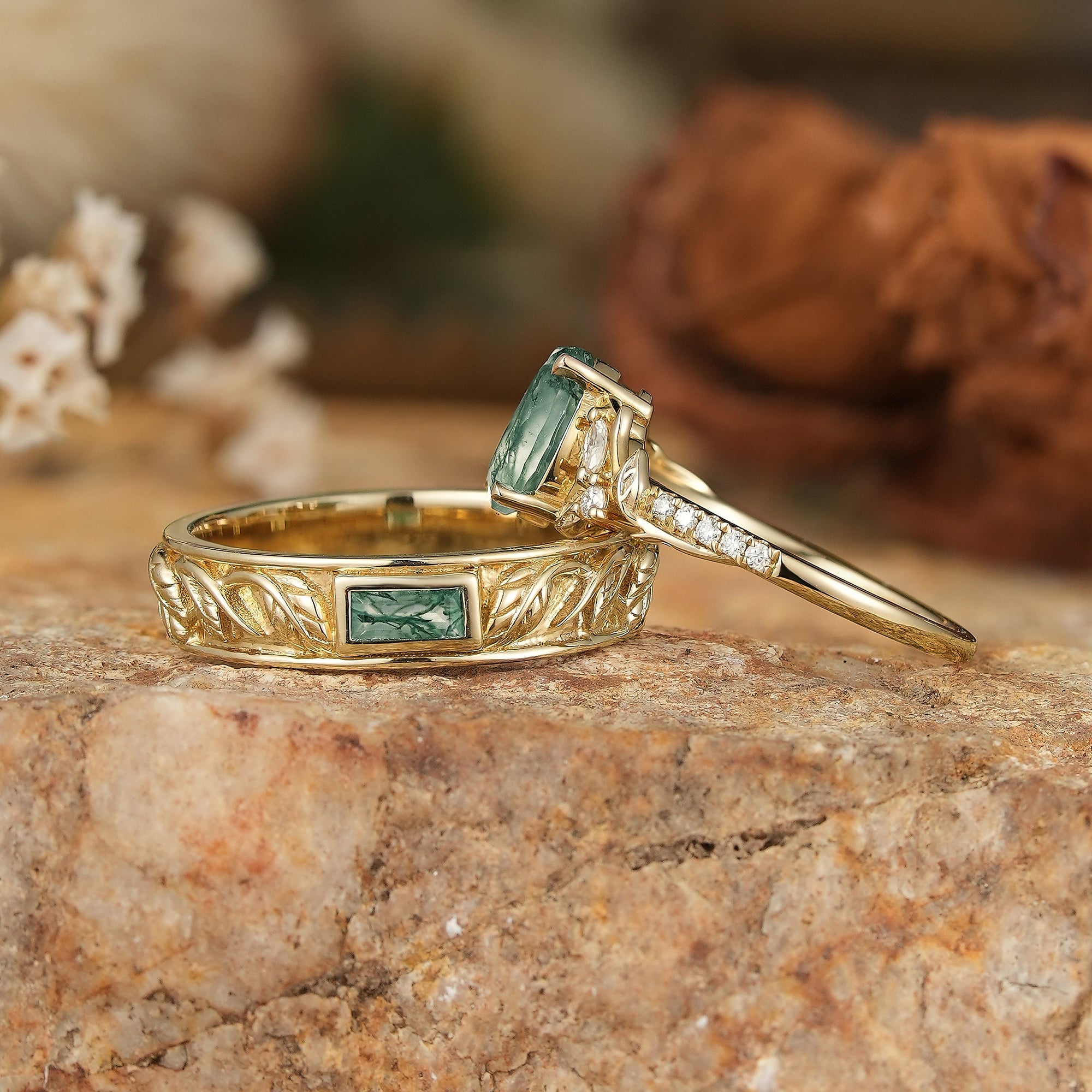 Pear Cut And Bezel Baguette Moss Agate Leaf Inspired Couple Rings - GemsMagic
