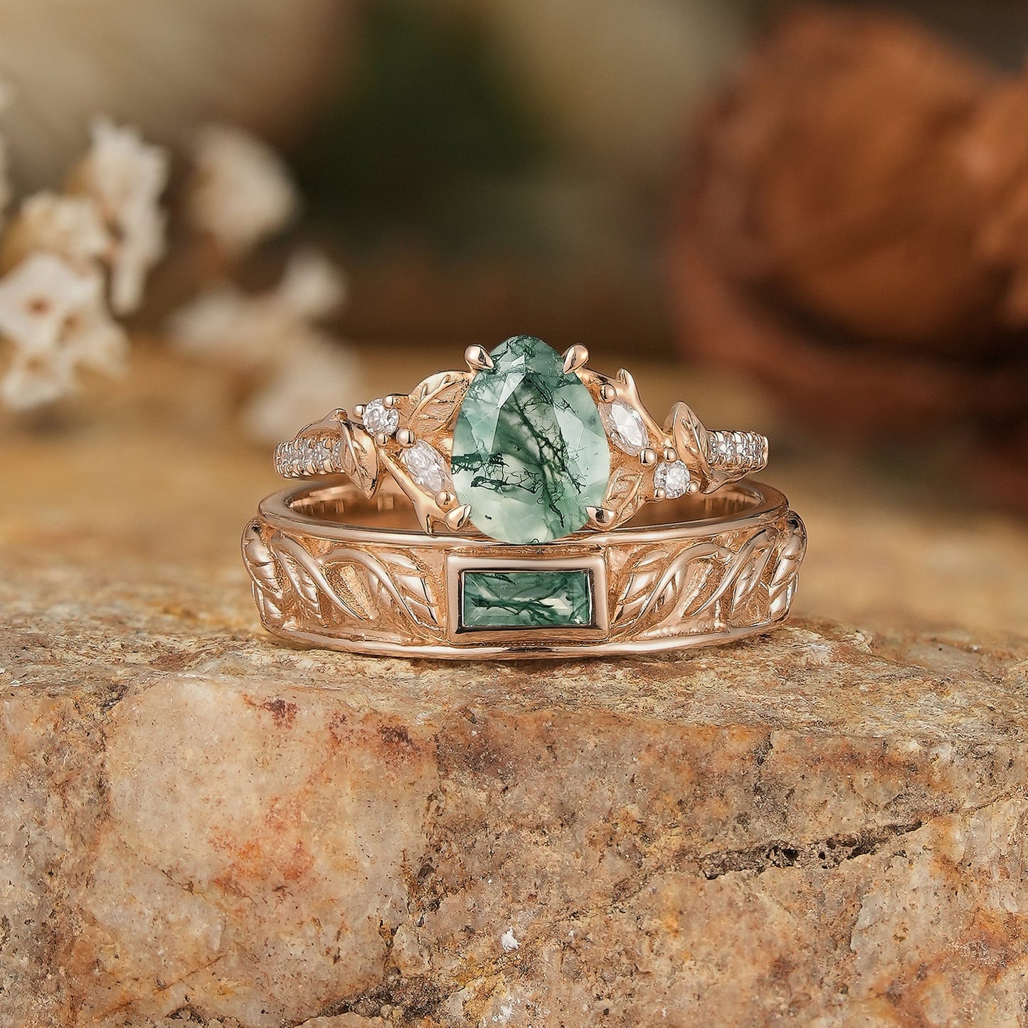 Pear Cut And Bezel Baguette Moss Agate Leaf Inspired Couple Rings - GemsMagic
