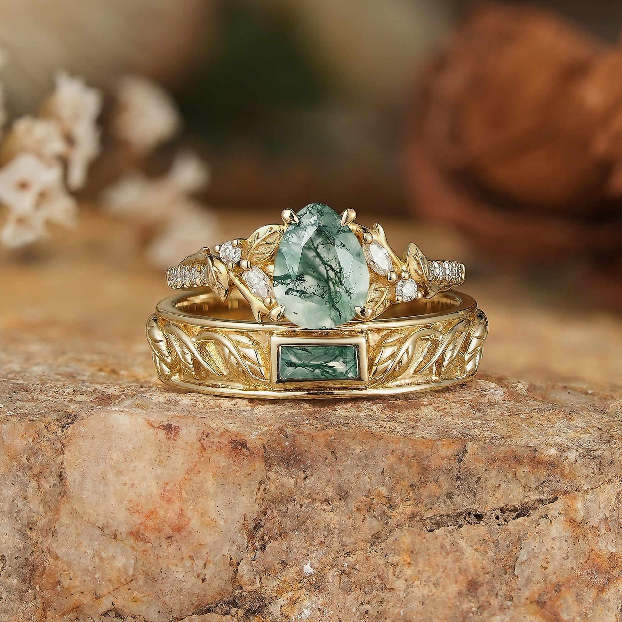 Pear Cut And Bezel Baguette Moss Agate Leaf Inspired Couple Rings - GemsMagic