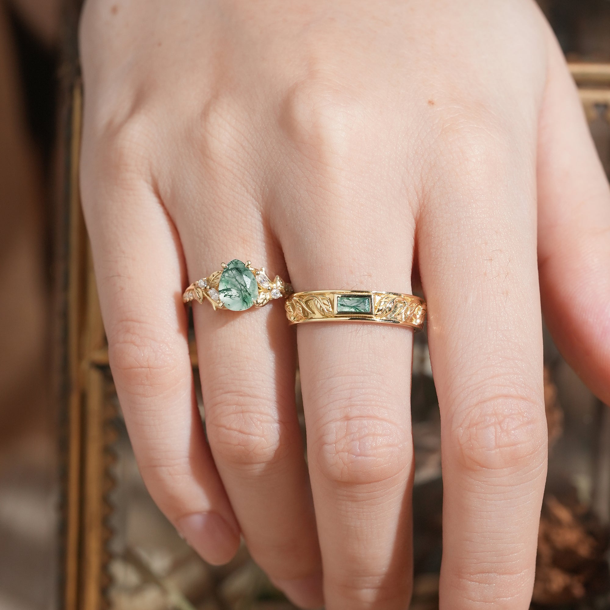 Pear Cut And Bezel Baguette Moss Agate Leaf Inspired Couple Rings - GemsMagic