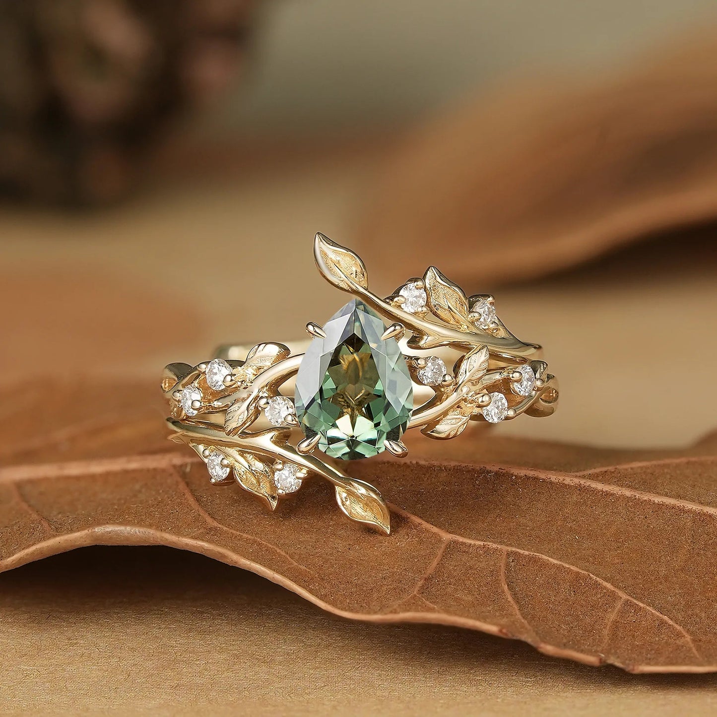 Pear Cut Green Sapphire Enhancer Ring Set - Niamh - GemsMagic