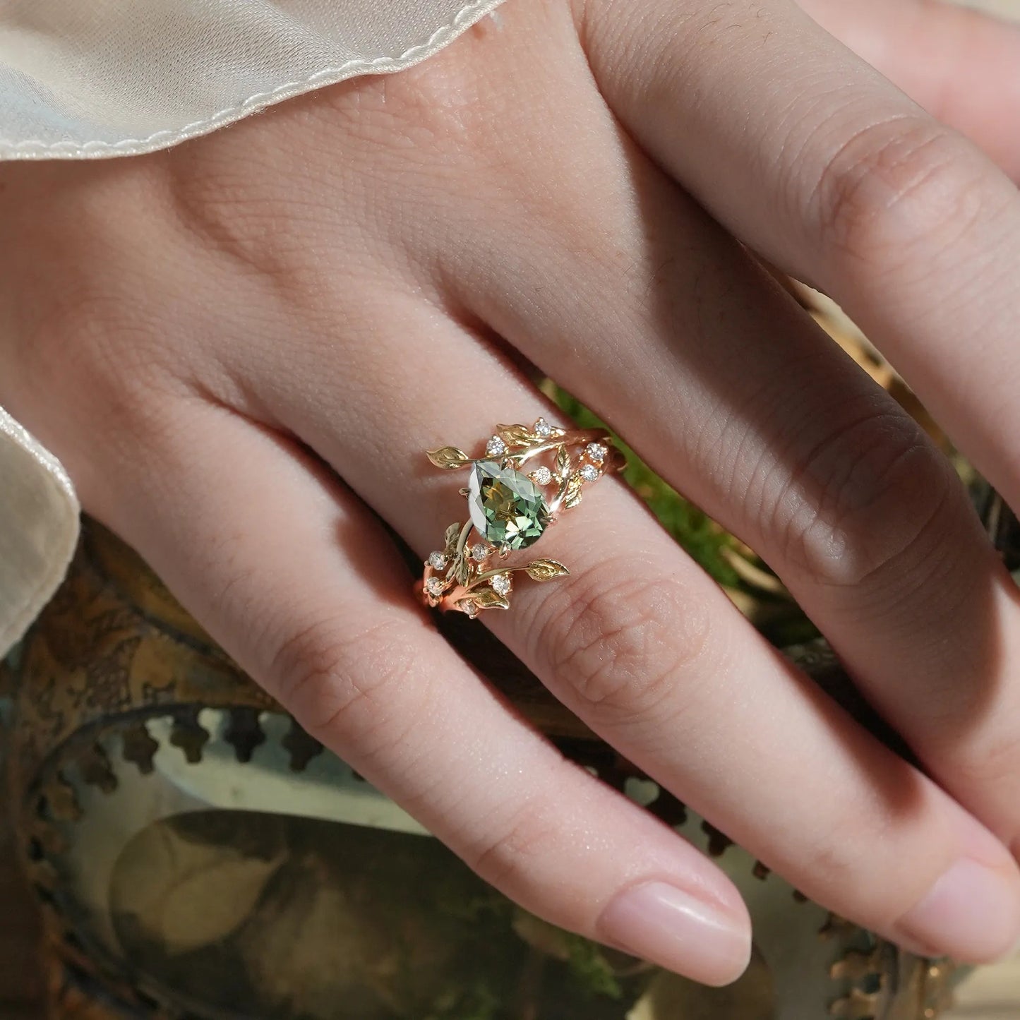 Pear Cut Green Sapphire Enhancer Ring Set - Niamh - GemsMagic