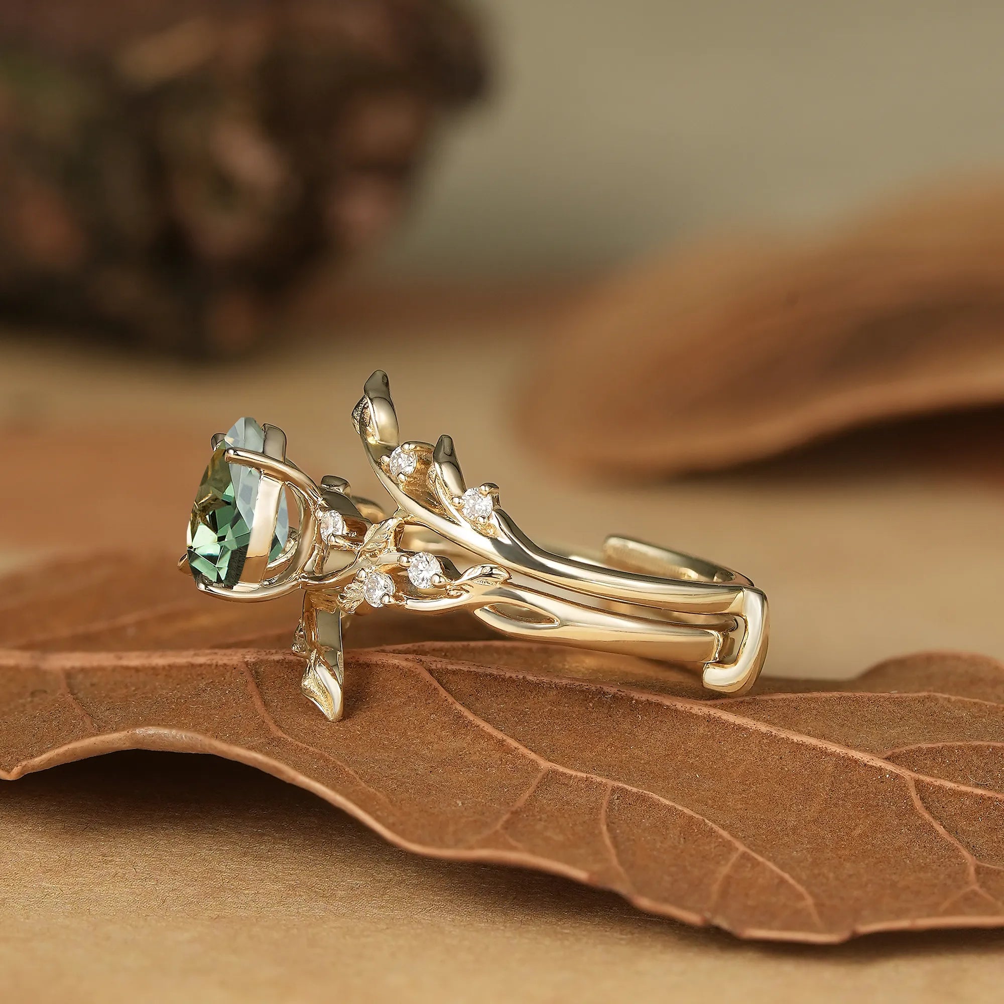 Pear Cut Green Sapphire Enhancer Ring Set - Niamh - GemsMagic