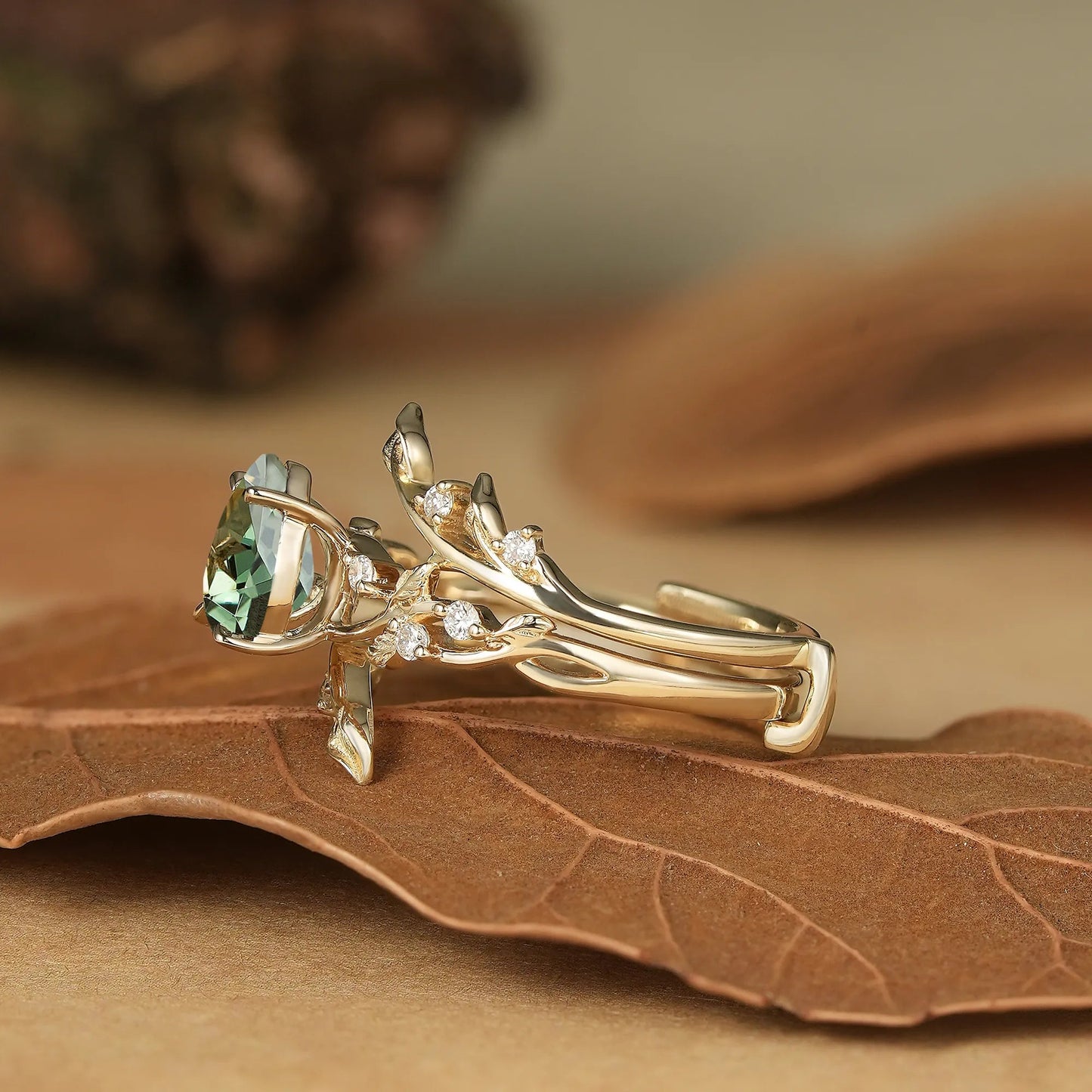 Pear Cut Green Sapphire Enhancer Ring Set - Niamh - GemsMagic