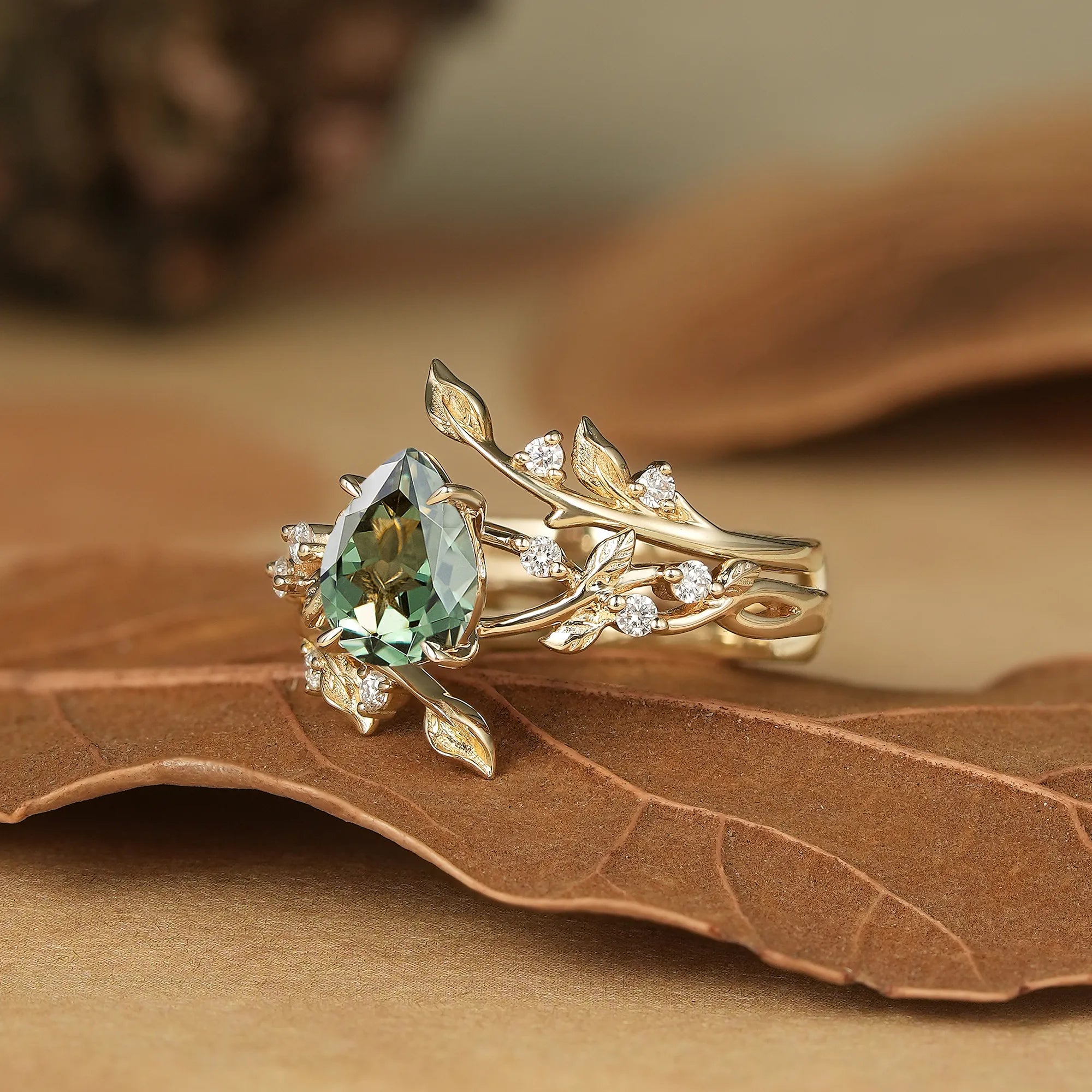 Pear Cut Green Sapphire Enhancer Ring Set - Niamh - GemsMagic