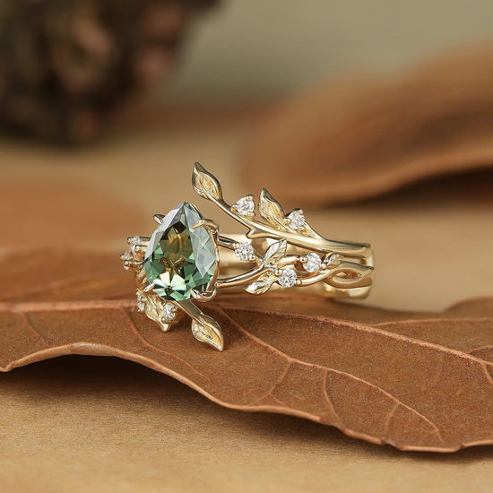 Pear Cut Green Sapphire Enhancer Ring Set - Niamh - GemsMagic