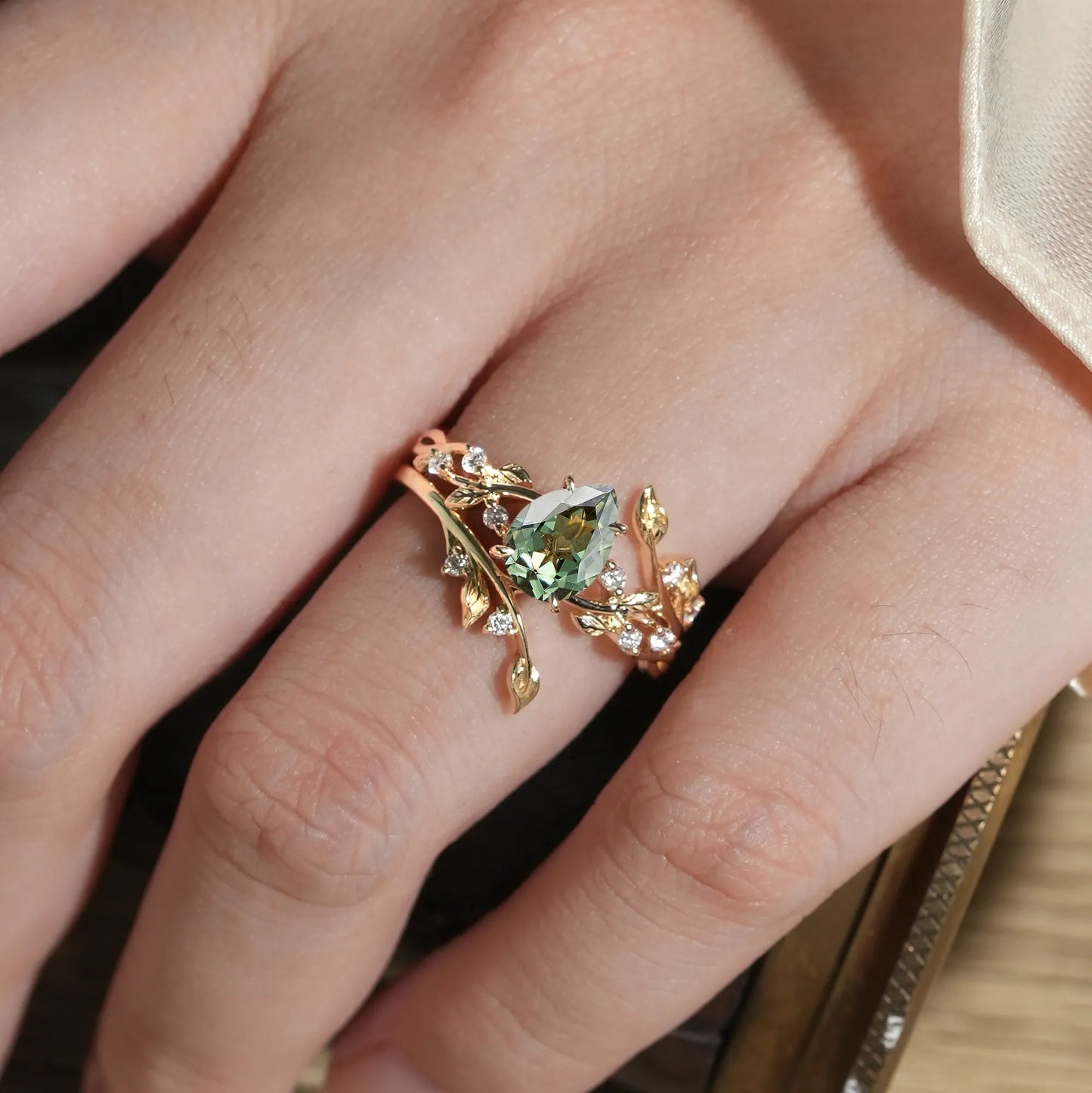 Pear Cut Green Sapphire Enhancer Ring Set - Niamh - GemsMagic
