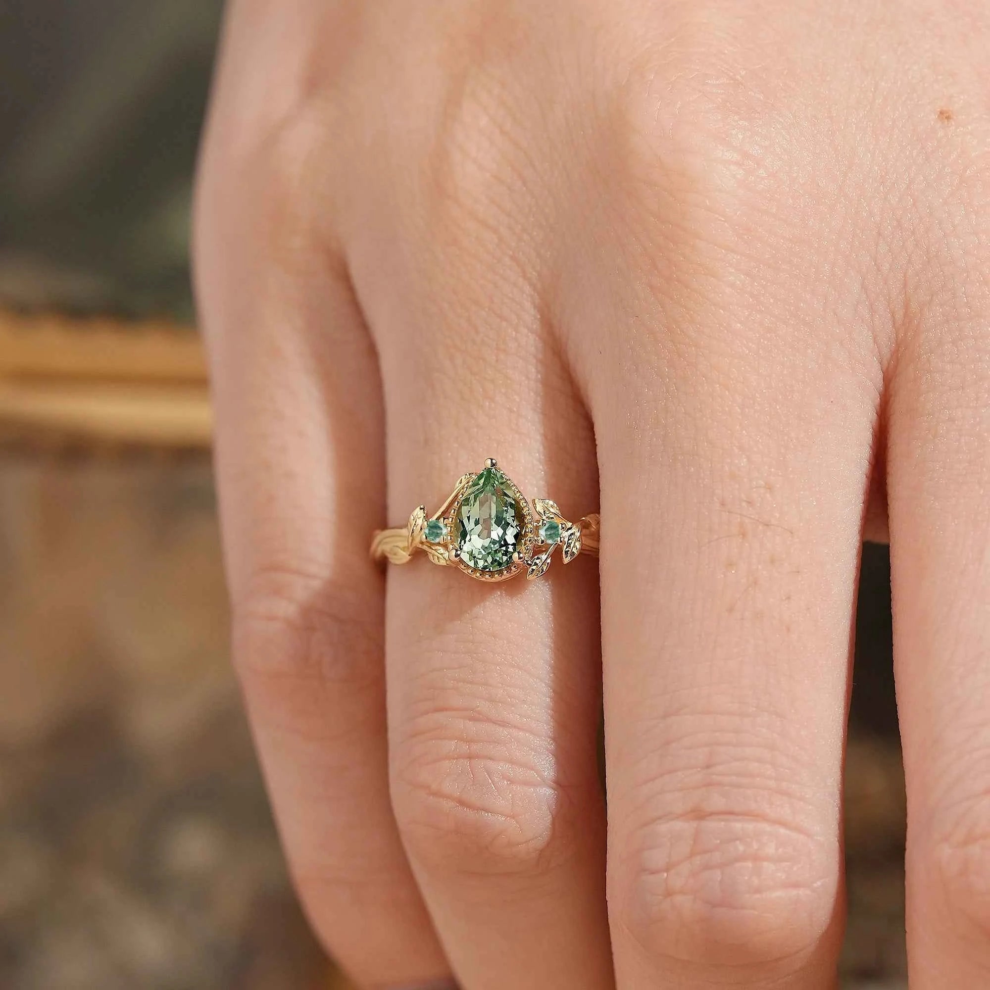 Pear Cut Green Sapphire Nature Inspired Milgrain Engagement Ring - GemsMagic